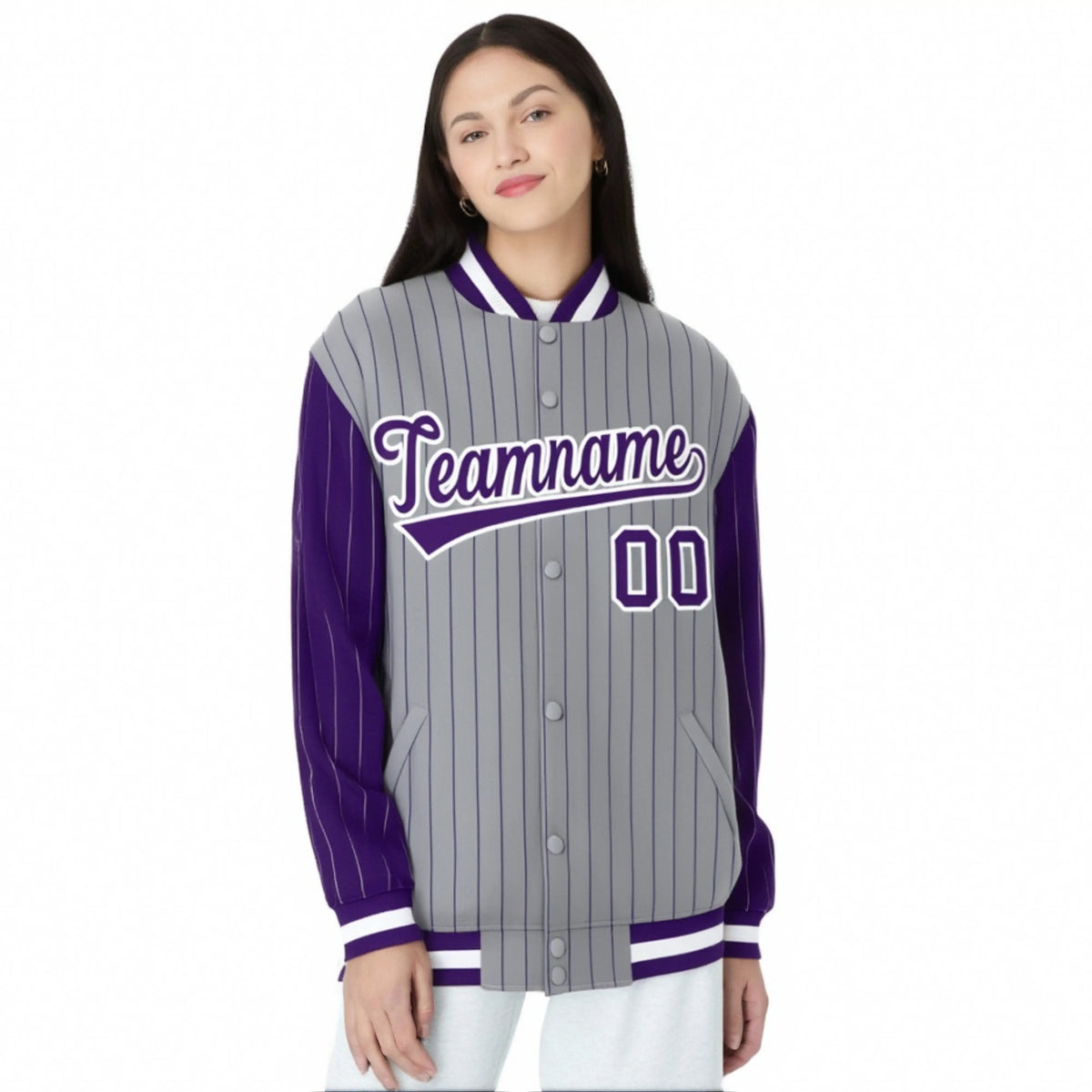 Custom Gray Purple Pinstripe White-Purple Bomber Full-Snap Varsity Letterman Jacket