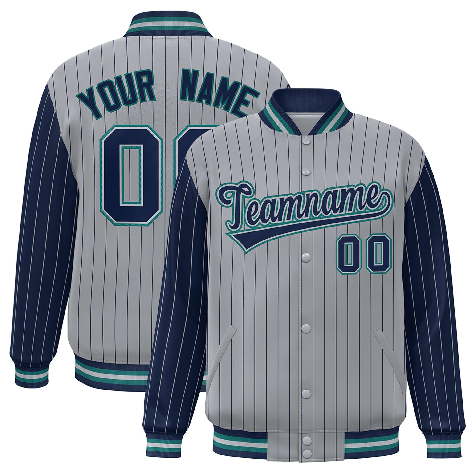 Custom Gray Navy Pinstripe Aqua-Navy Bomber Full-Snap Varsity Letterman Jacket