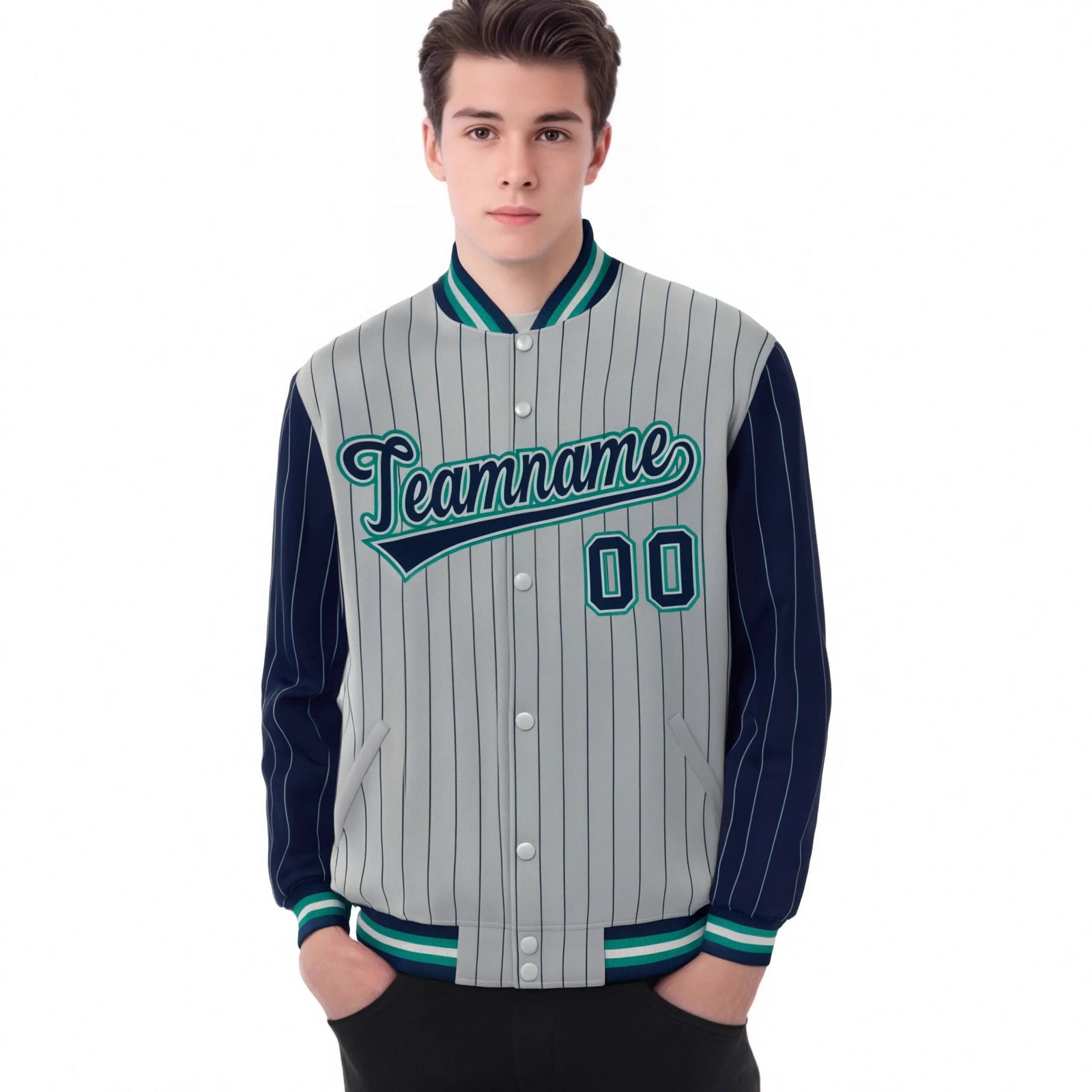 Custom Gray Navy Pinstripe Aqua-Navy Bomber Full-Snap Varsity Letterman Jacket