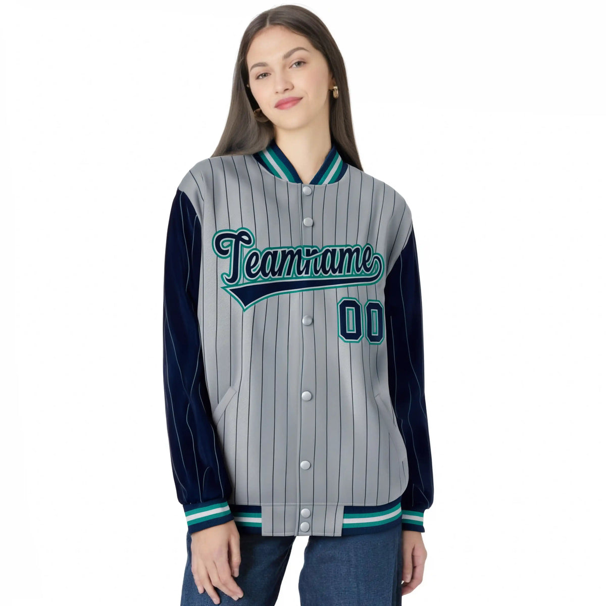 Custom Gray Navy Pinstripe Aqua-Navy Bomber Full-Snap Varsity Letterman Jacket