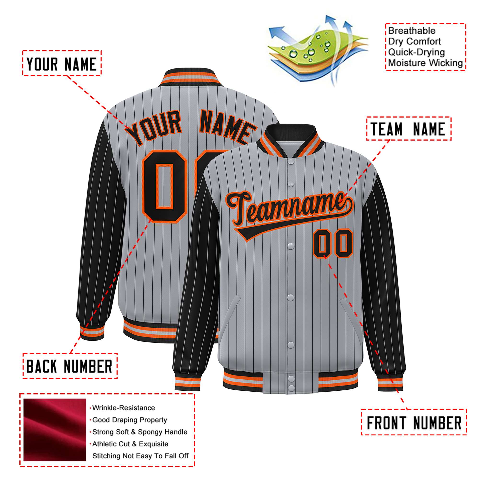 Custom Gray Black Pinstripe Orange-Black Bomber Full-Snap Varsity Letterman Jacket