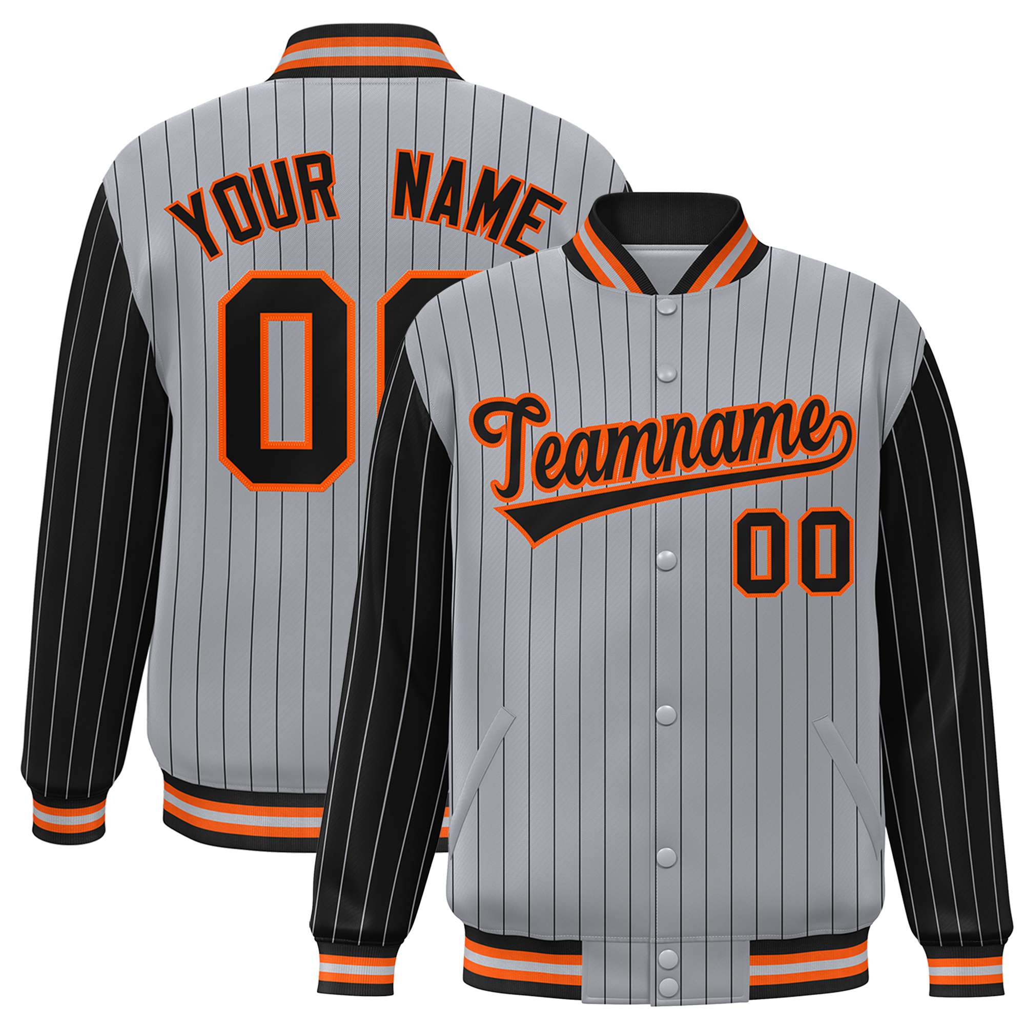 Custom Gray Black Pinstripe Orange-Black Bomber Full-Snap Varsity Letterman Jacket