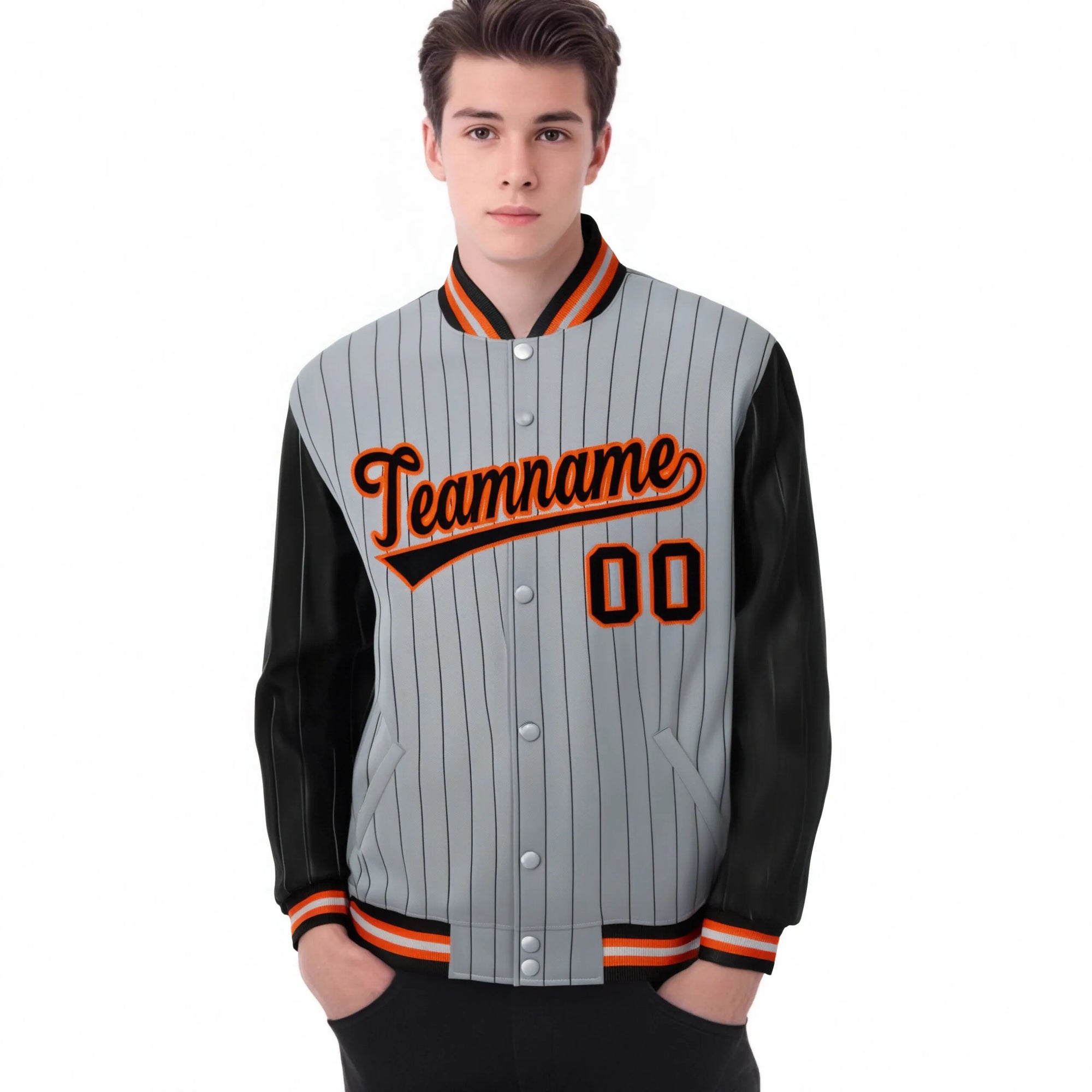 Custom Gray Black Pinstripe Orange-Black Bomber Full-Snap Varsity Letterman Jacket