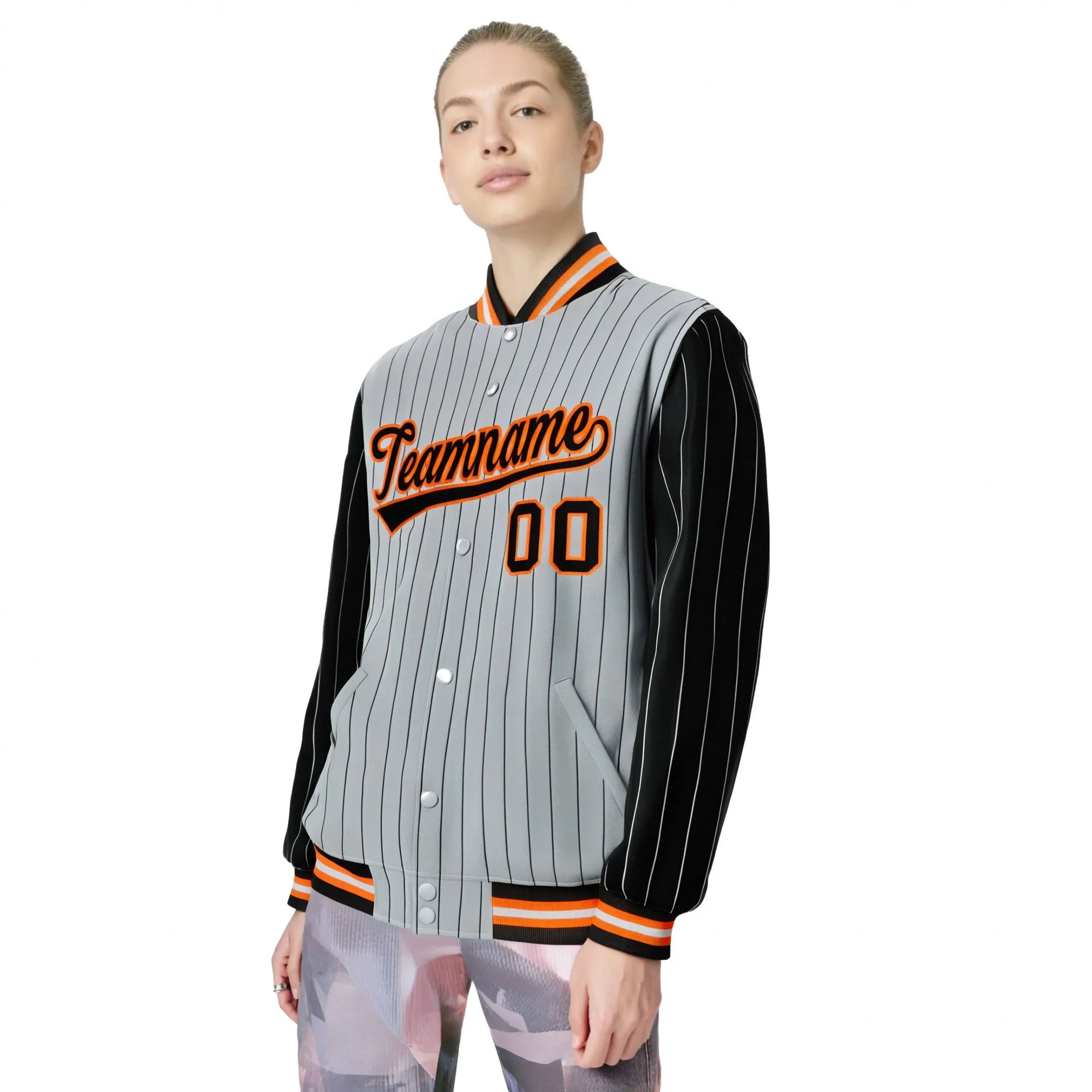 Custom Gray Black Pinstripe Orange-Black Bomber Full-Snap Varsity Letterman Jacket