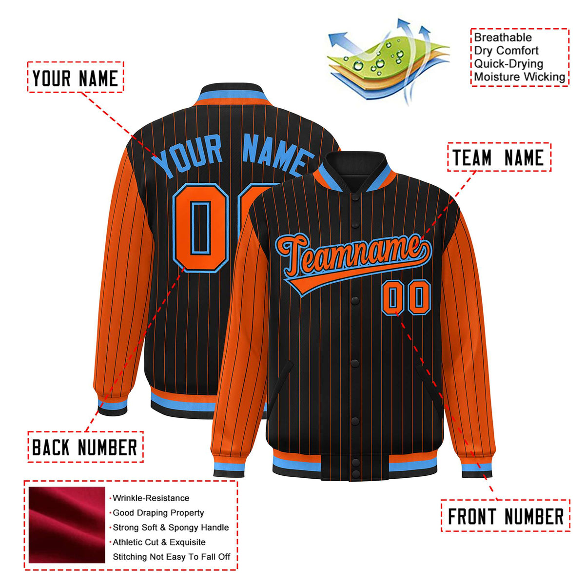 Custom Black Orange Pinstripe Powder-Blue Orange Bomber Full-Snap Varsity Letterman Jacket