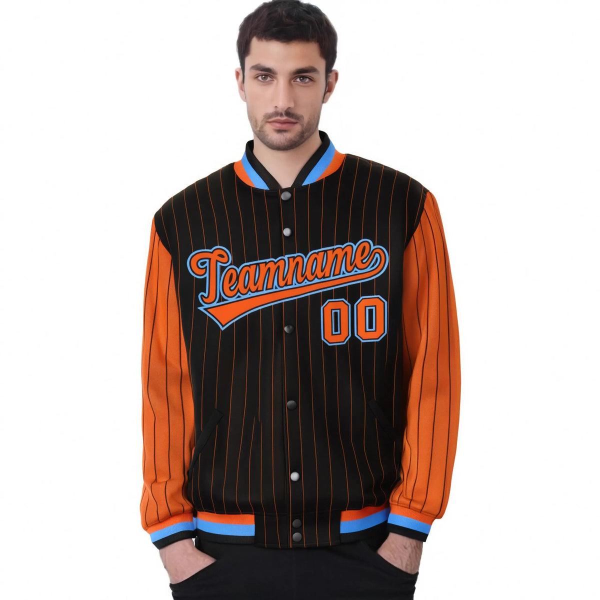 Custom Black Orange Pinstripe Powder-Blue Orange Bomber Full-Snap Varsity Letterman Jacket