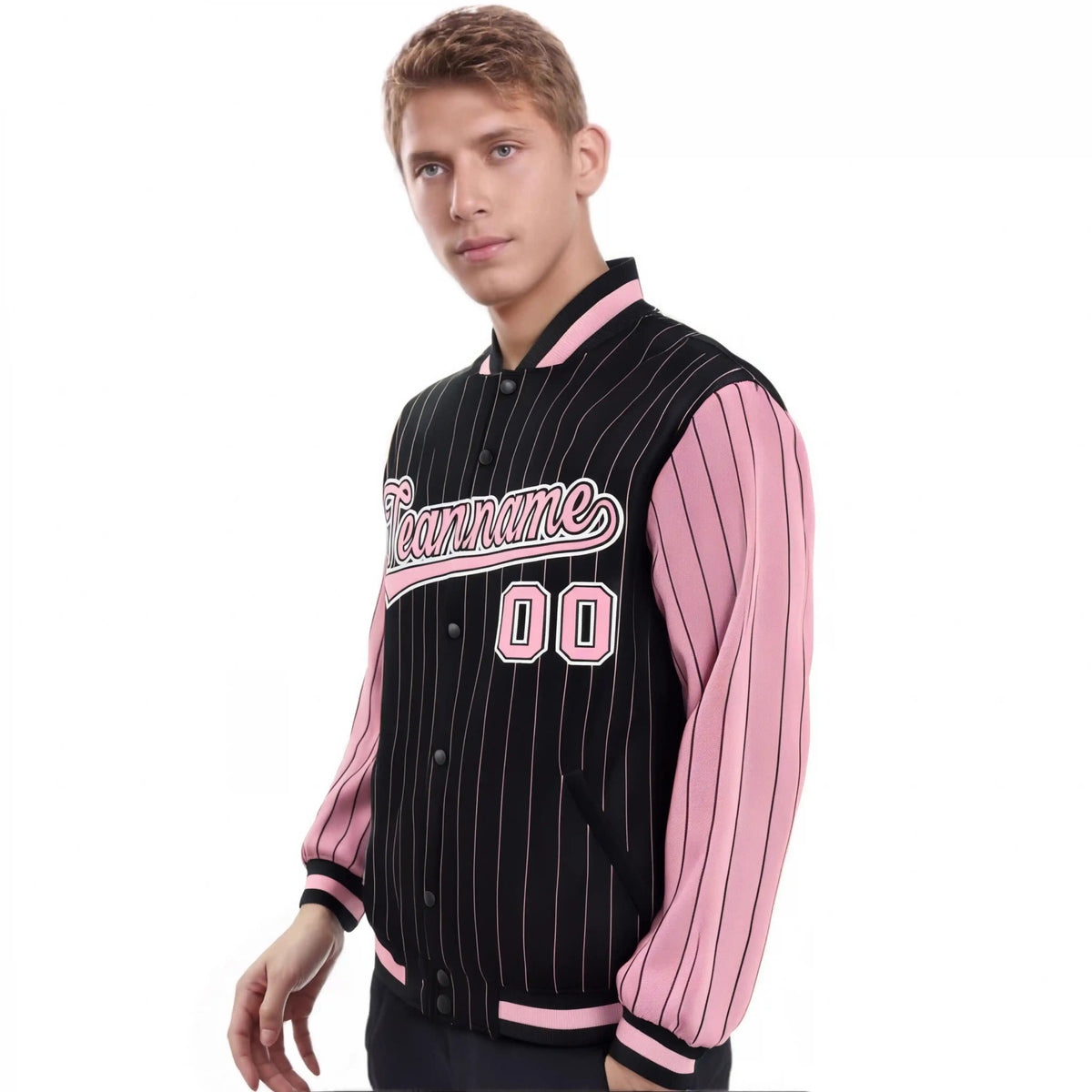 Custom Black Light-Pink Pinstripe White Light-Pink Bomber Full-Snap Varsity Letterman Jacket