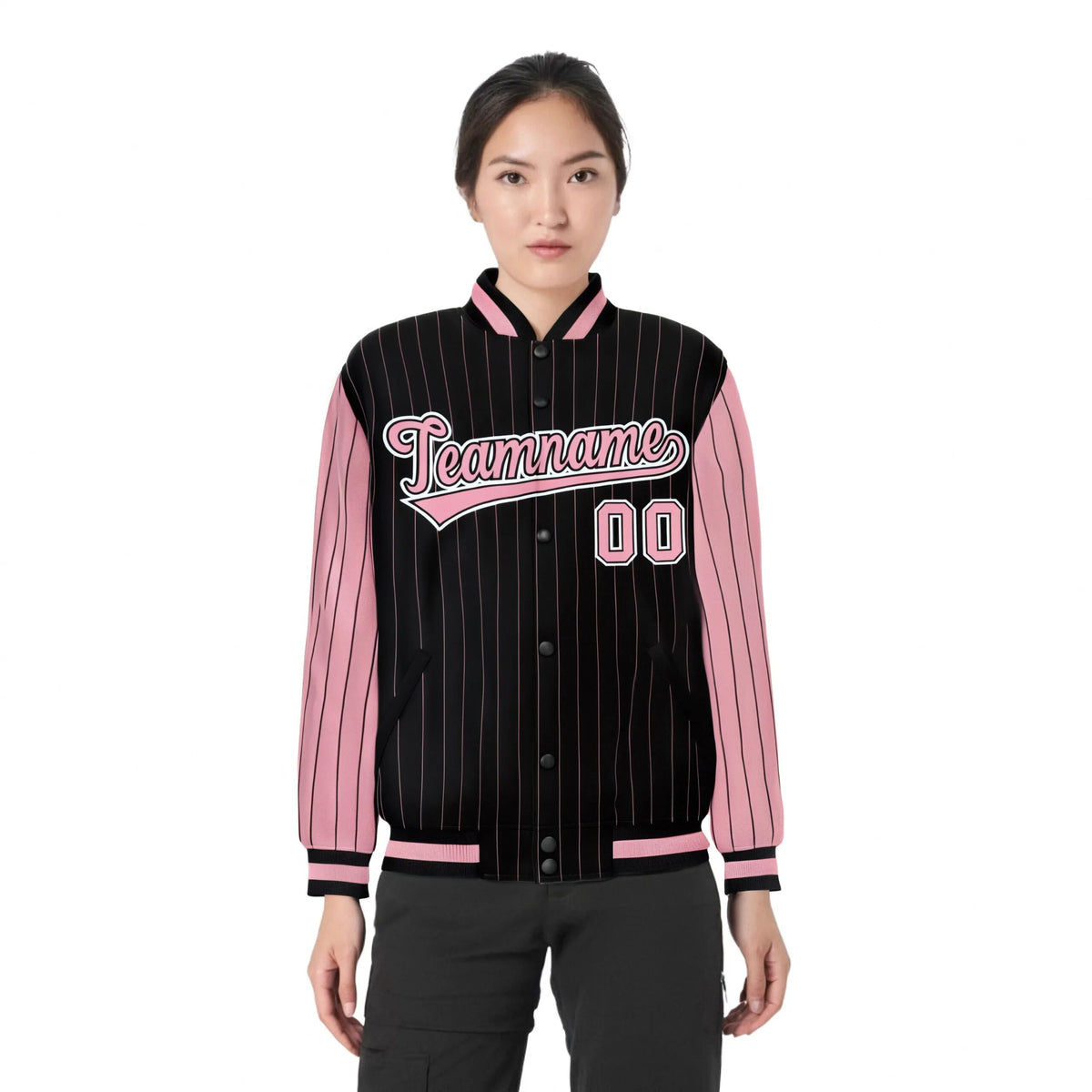 Custom Black Light-Pink Pinstripe White Light-Pink Bomber Full-Snap Varsity Letterman Jacket