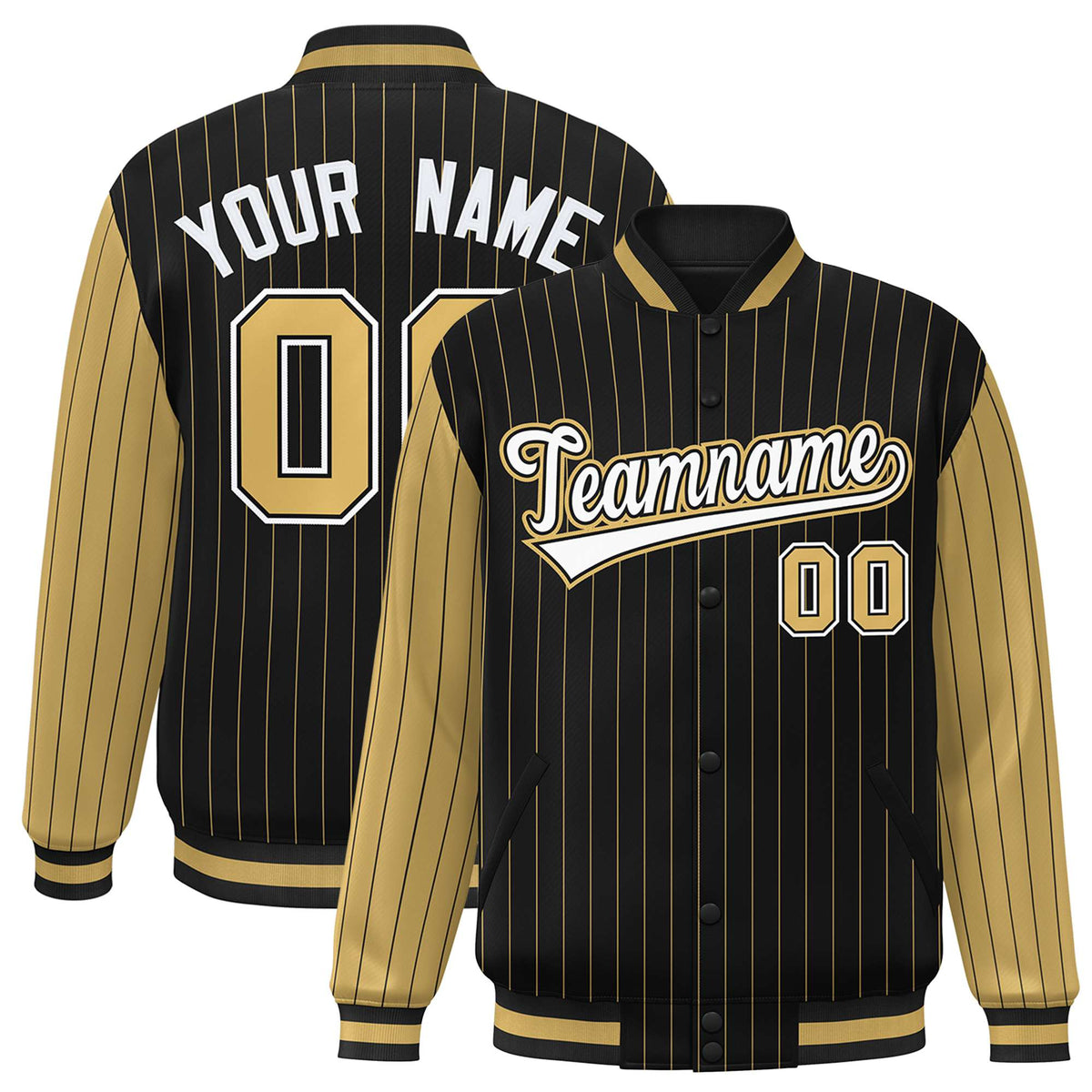 Custom Black Old-Gold Pinstripe Old-Gold White Bomber Full-Snap Varsity Letterman Jacket