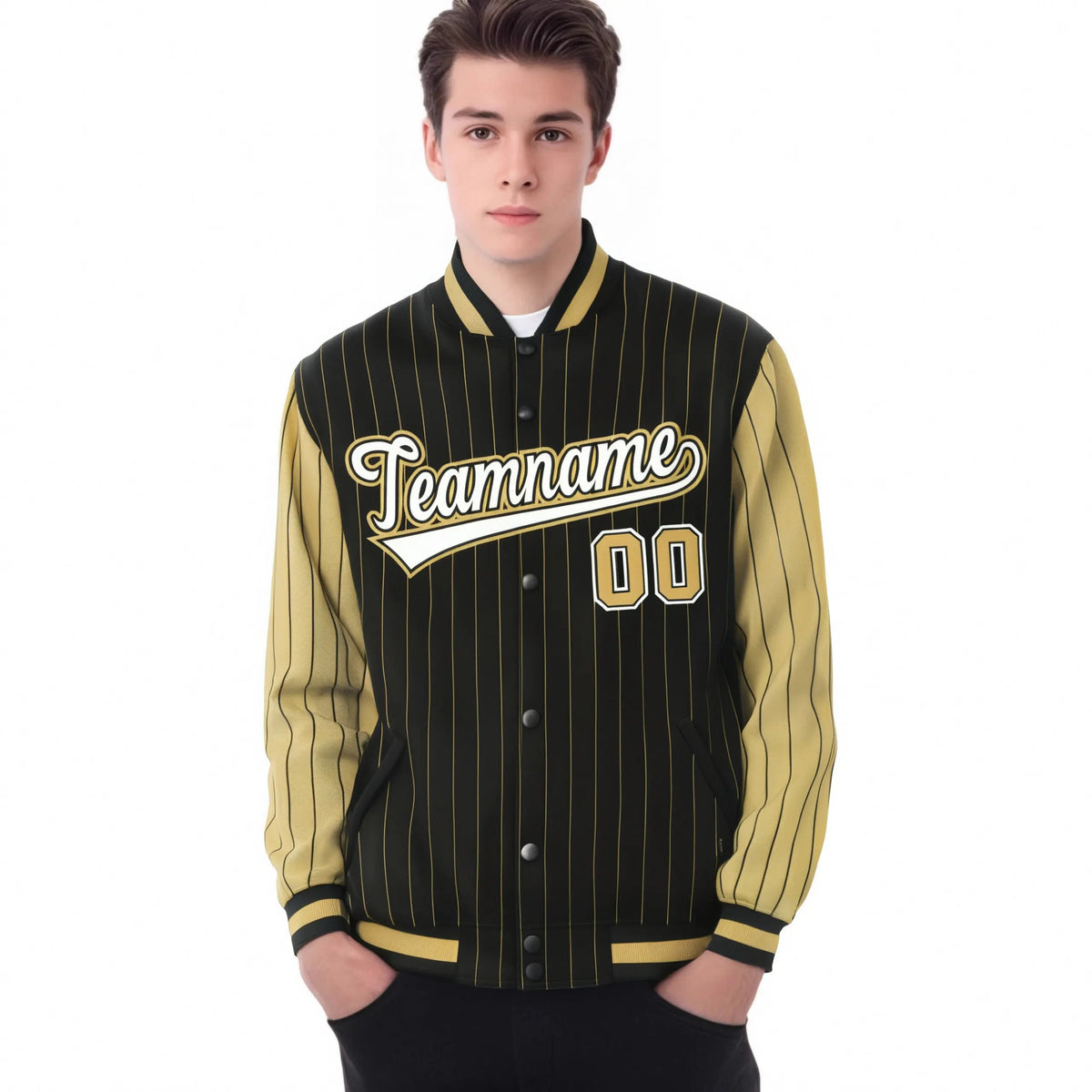 Custom Black Old-Gold Pinstripe Old-Gold White Bomber Full-Snap Varsity Letterman Jacket