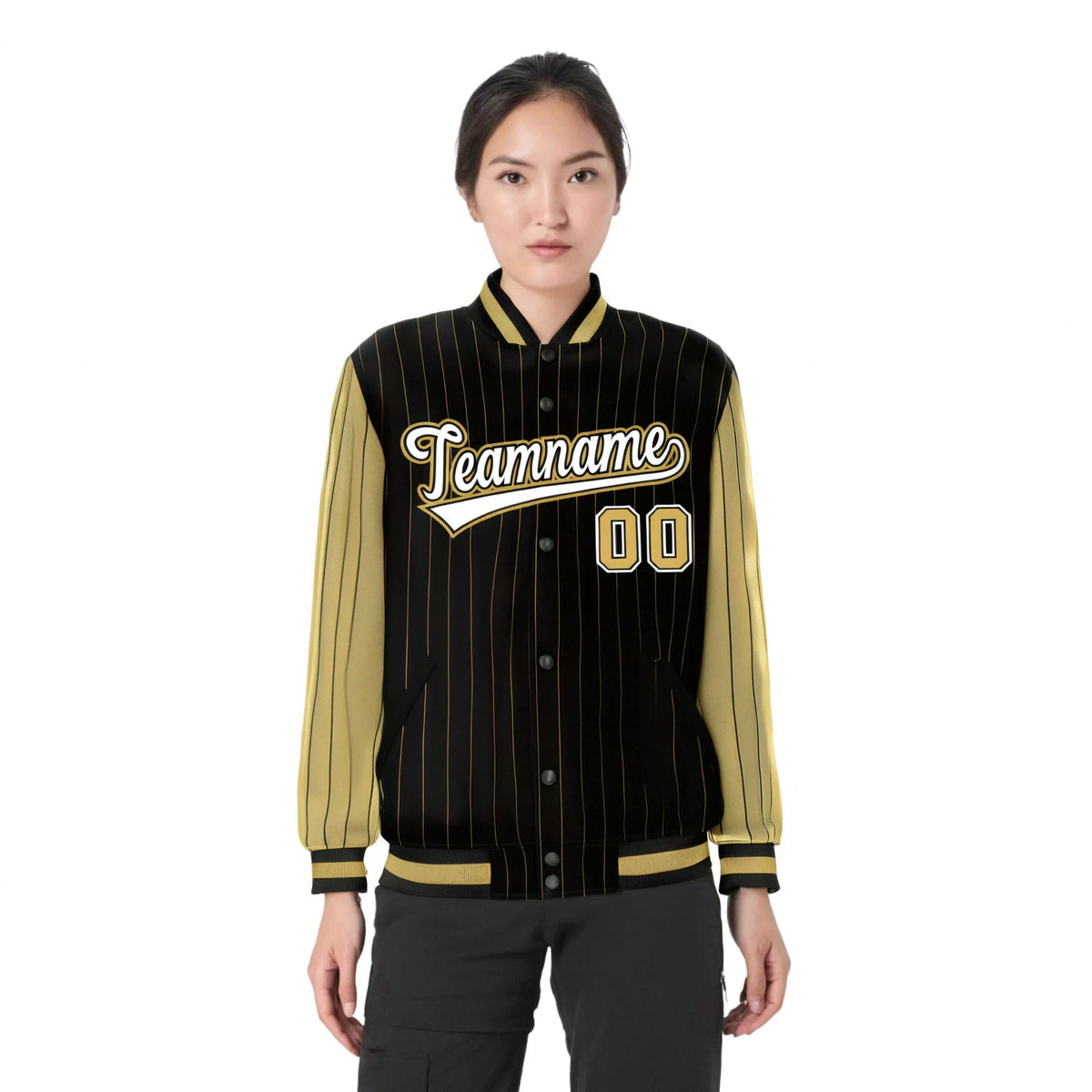 Custom Black Old-Gold Pinstripe Old-Gold White Bomber Full-Snap Varsity Letterman Jacket
