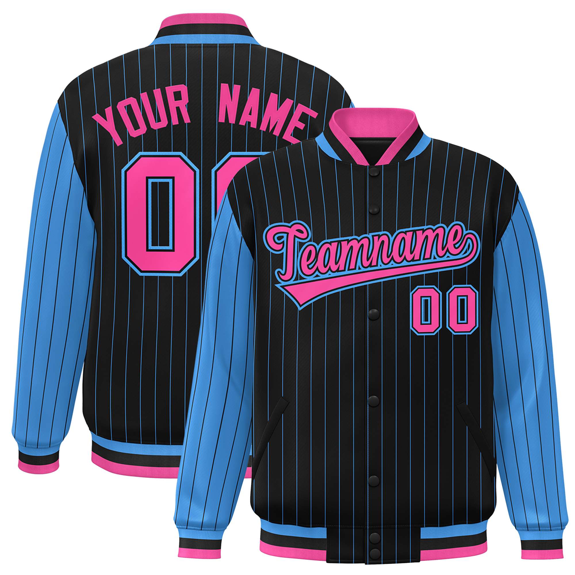 Custom Black Blue Pinstripe Blue-Pink Bomber Full-Snap Varsity Letterman Jacket