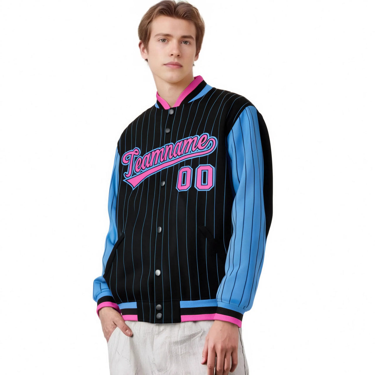 Custom Black Blue Pinstripe Blue-Pink Bomber Full-Snap Varsity Letterman Jacket