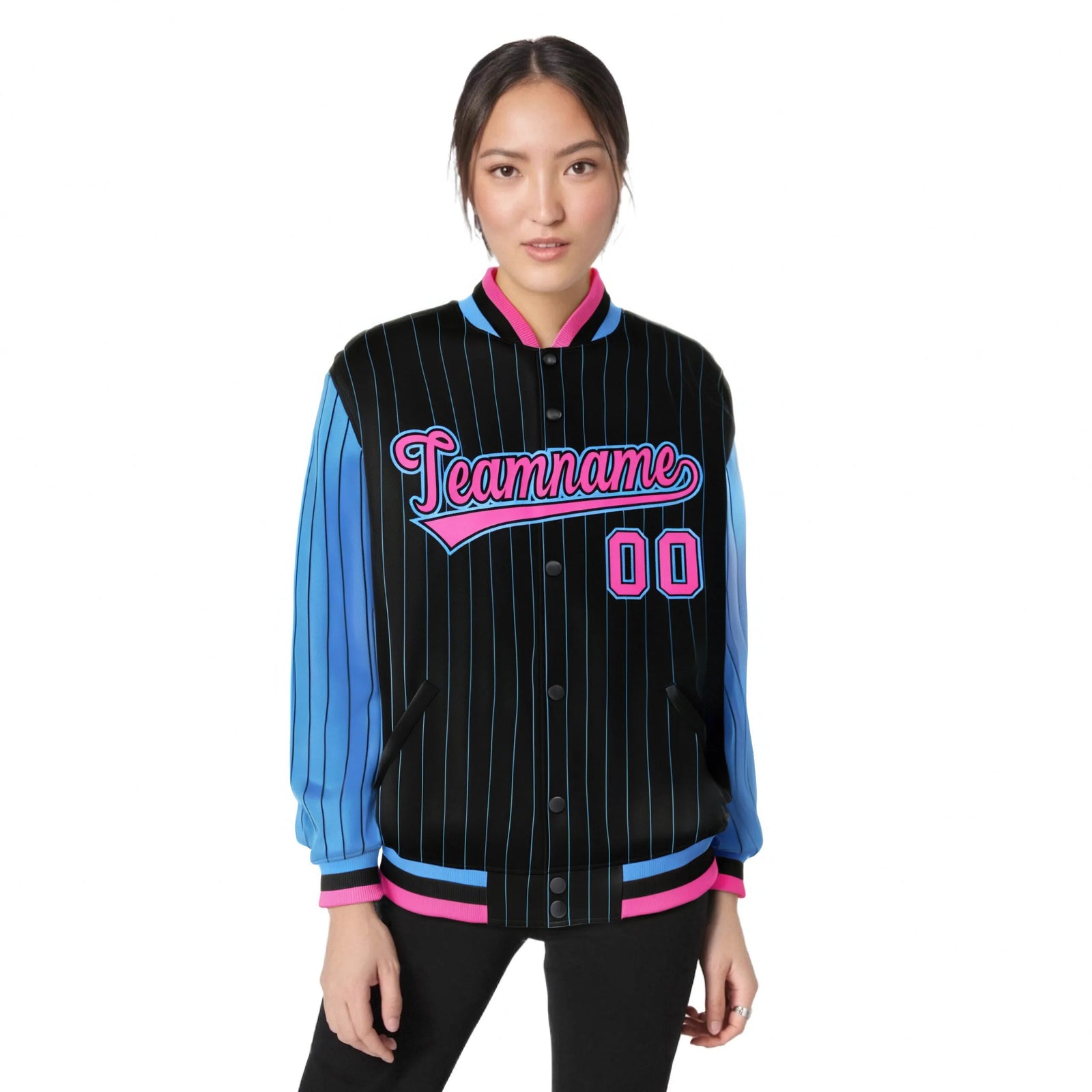 Custom Black Blue Pinstripe Blue-Pink Bomber Full-Snap Varsity Letterman Jacket