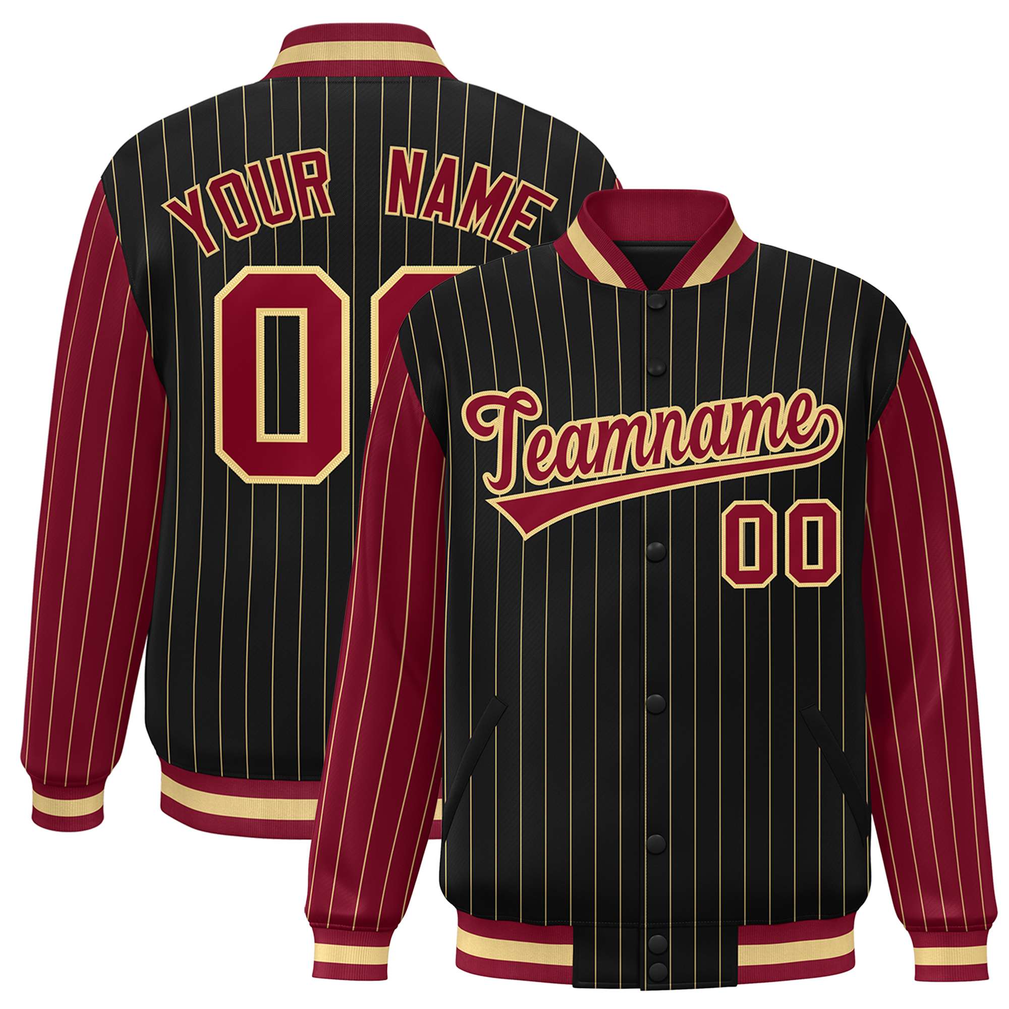 Custom Black Old-Gold Pinstripe Old-Gold Crimson Bomber Full-Snap Varsity Letterman Jacket