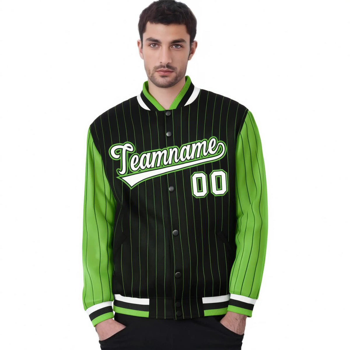 Custom Black Neon-Green Pinstripe Neon-Green White Bomber Full-Snap Varsity Letterman Jacket