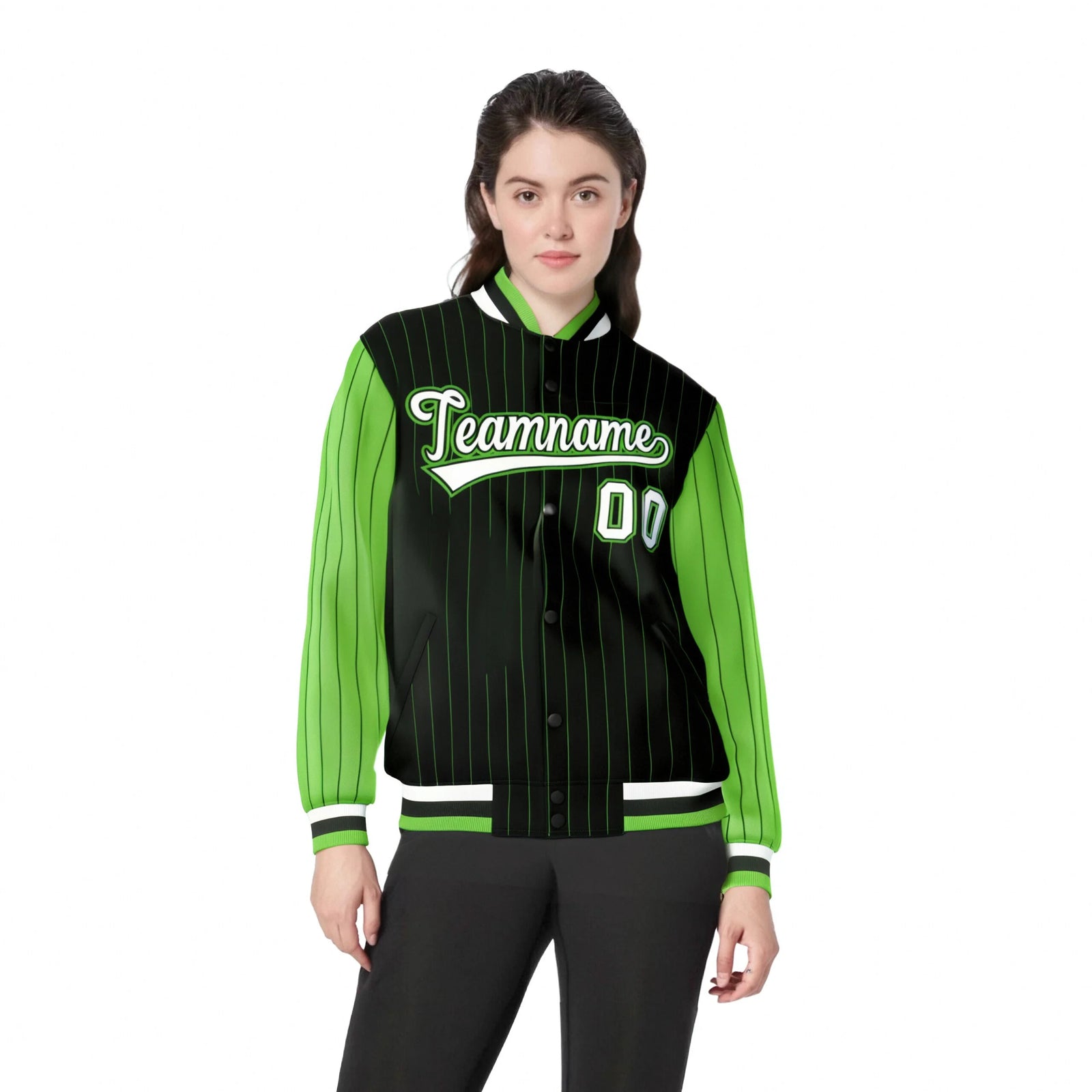 Custom Black Neon-Green Pinstripe Neon-Green White Bomber Full-Snap Varsity Letterman Jacket