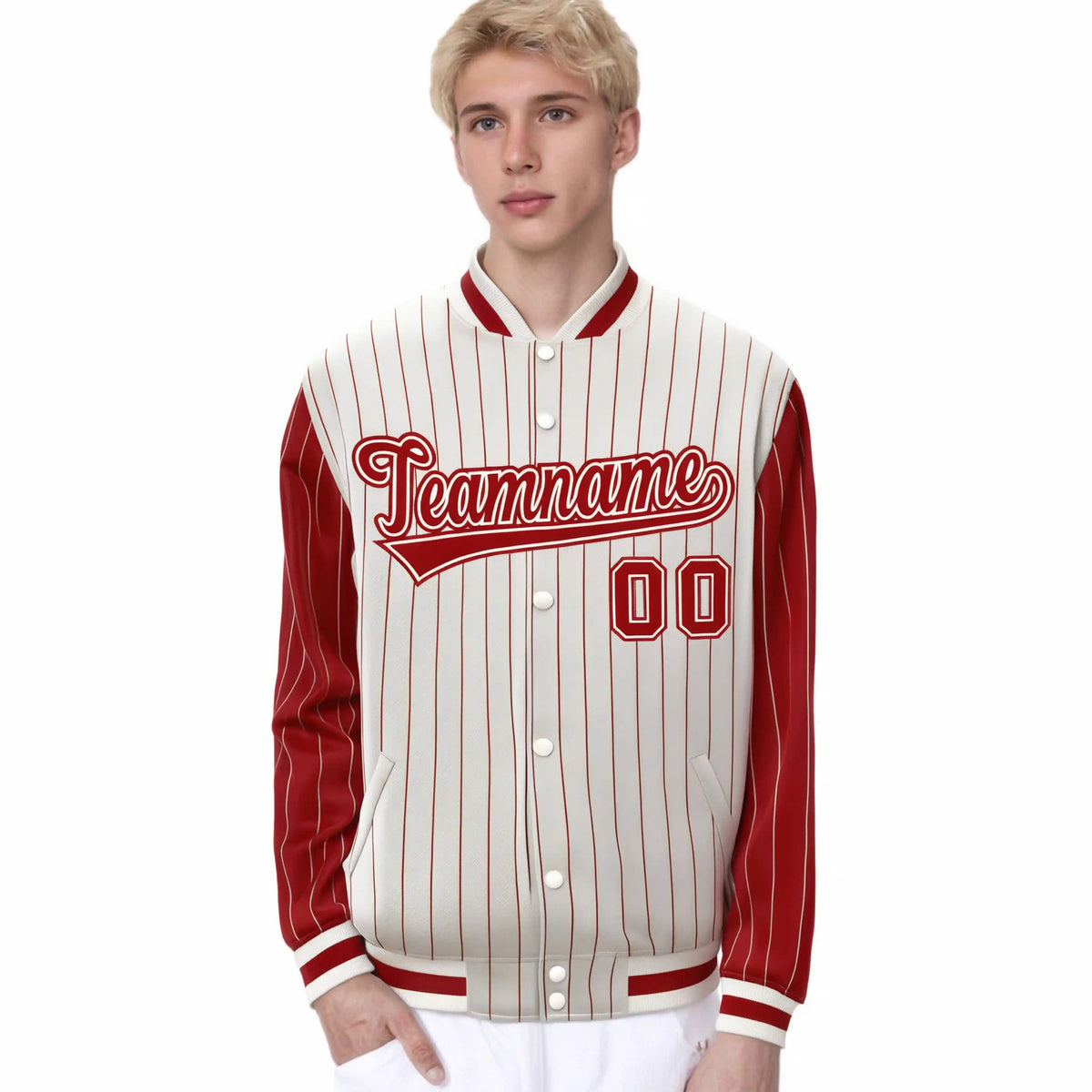 Custom Cream Red Pinstripe Cream-Red Bomber Full-Snap Varsity Letterman Jacket