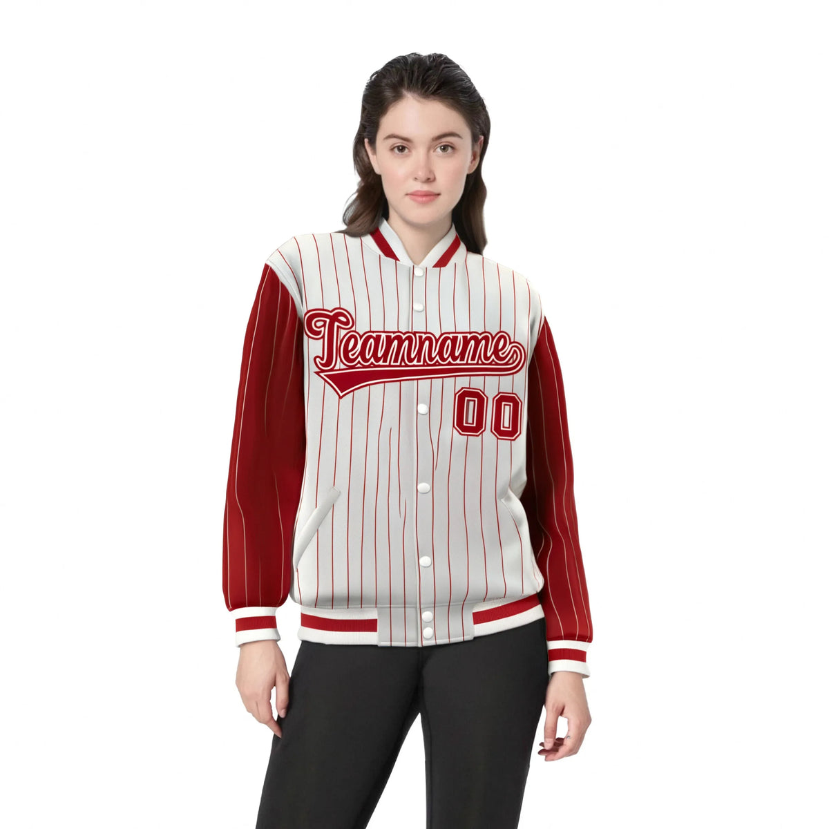 Custom Cream Red Pinstripe Cream-Red Bomber Full-Snap Varsity Letterman Jacket