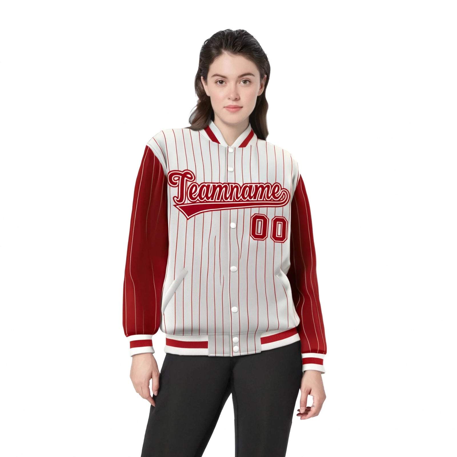 Custom Cream Red Pinstripe Cream-Red Bomber Full-Snap Varsity Letterman Jacket