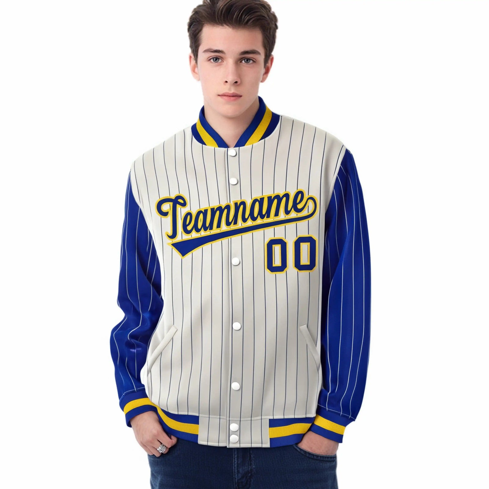 Custom Cream Royal-Blue Pinstripe Gold Royal-Blue Bomber Full-Snap Varsity Letterman Jacket