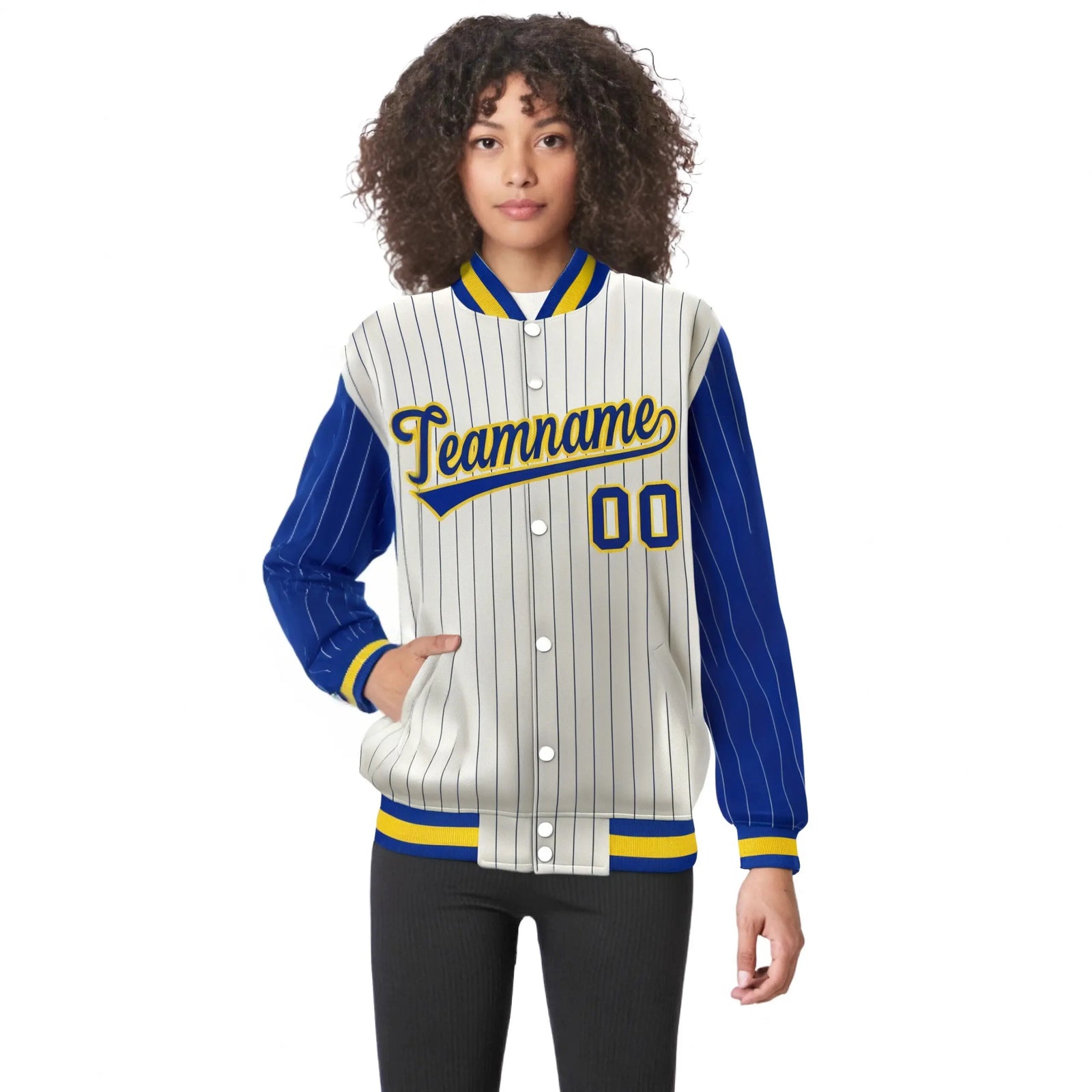 Custom Cream Royal-Blue Pinstripe Gold Royal-Blue Bomber Full-Snap Varsity Letterman Jacket