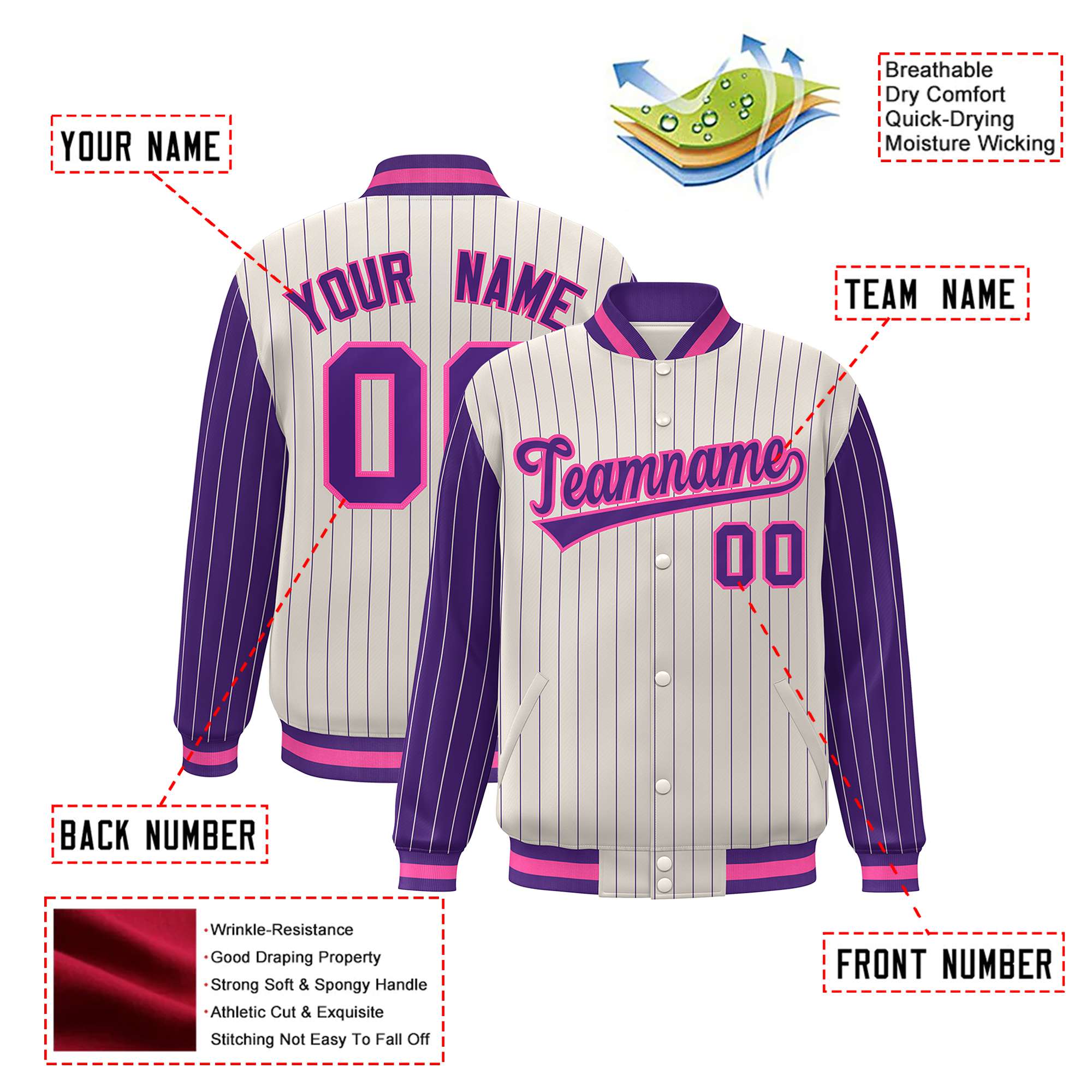 Custom Cream Purple Pinstripe Purple-Pink Bomber Full-Snap Varsity Letterman Jacket