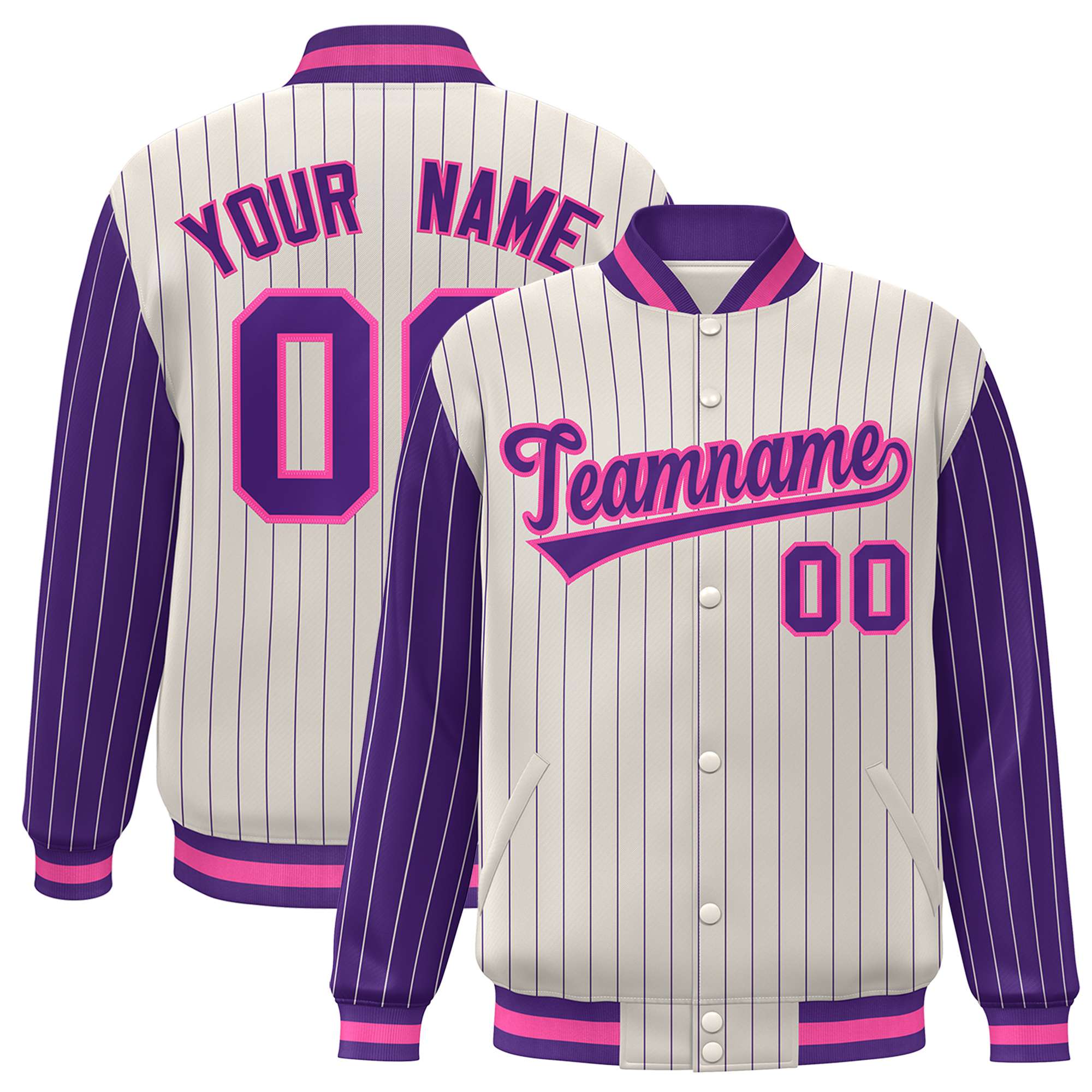 Custom Cream Purple Pinstripe Purple-Pink Bomber Full-Snap Varsity Letterman Jacket