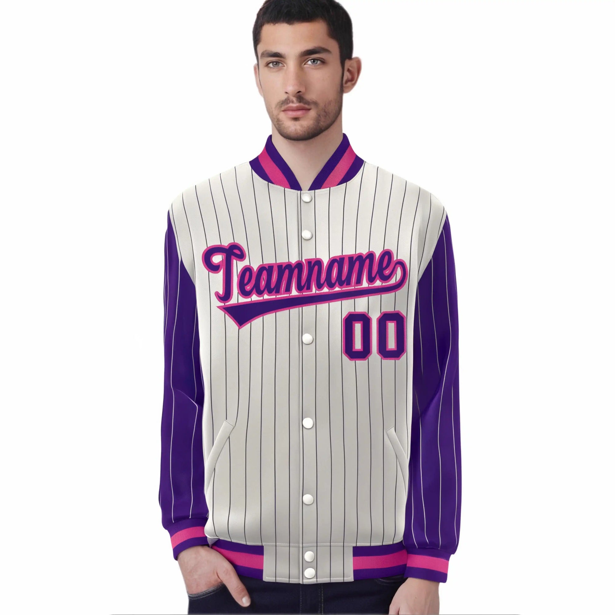 Custom Cream Purple Pinstripe Purple-Pink Bomber Full-Snap Varsity Letterman Jacket