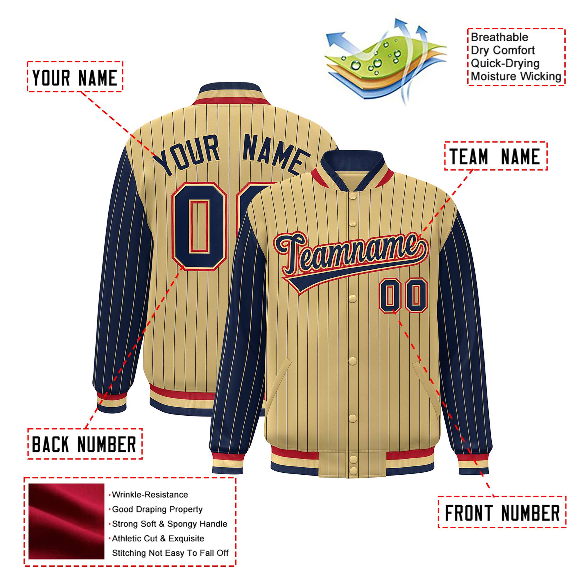 Custom Old Gold Navy Pinstripe Red-Navy Bomber Full-Snap Varsity Letterman Jacket