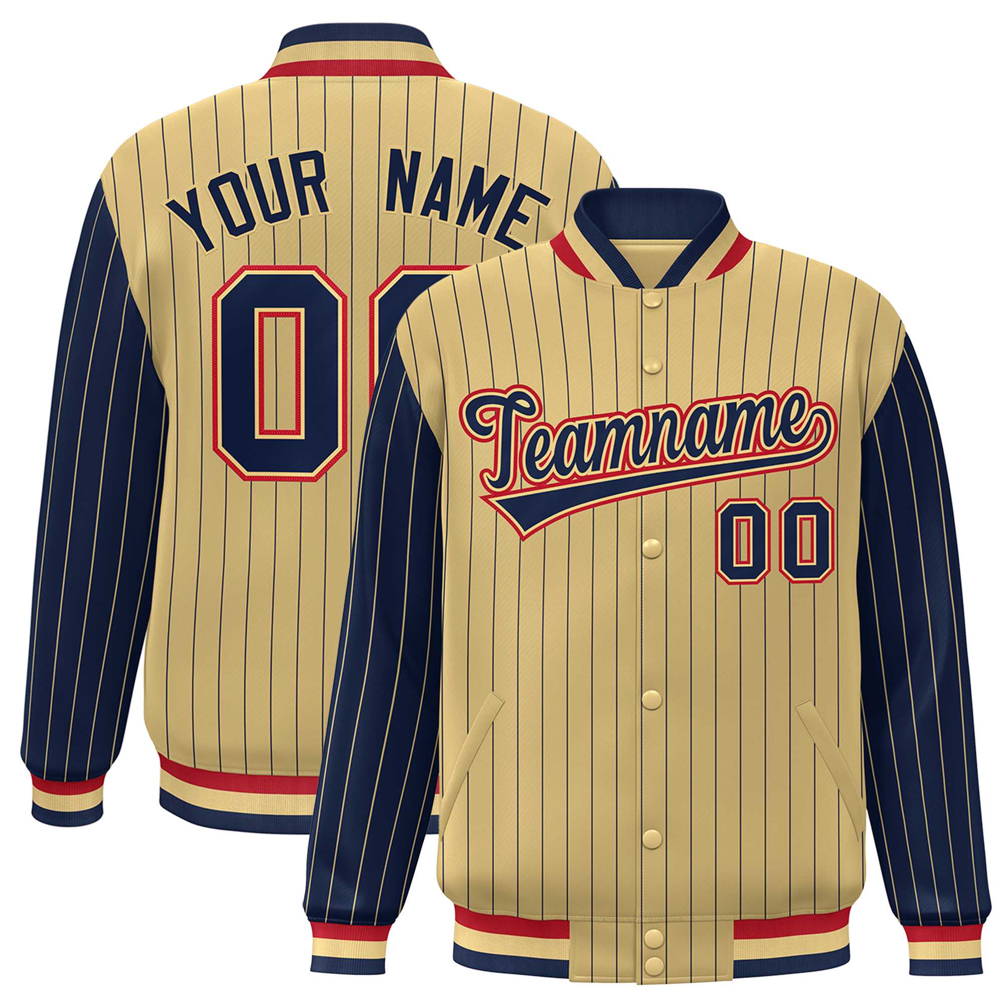 Custom Old Gold Navy Pinstripe Red-Navy Bomber Full-Snap Varsity Letterman Jacket