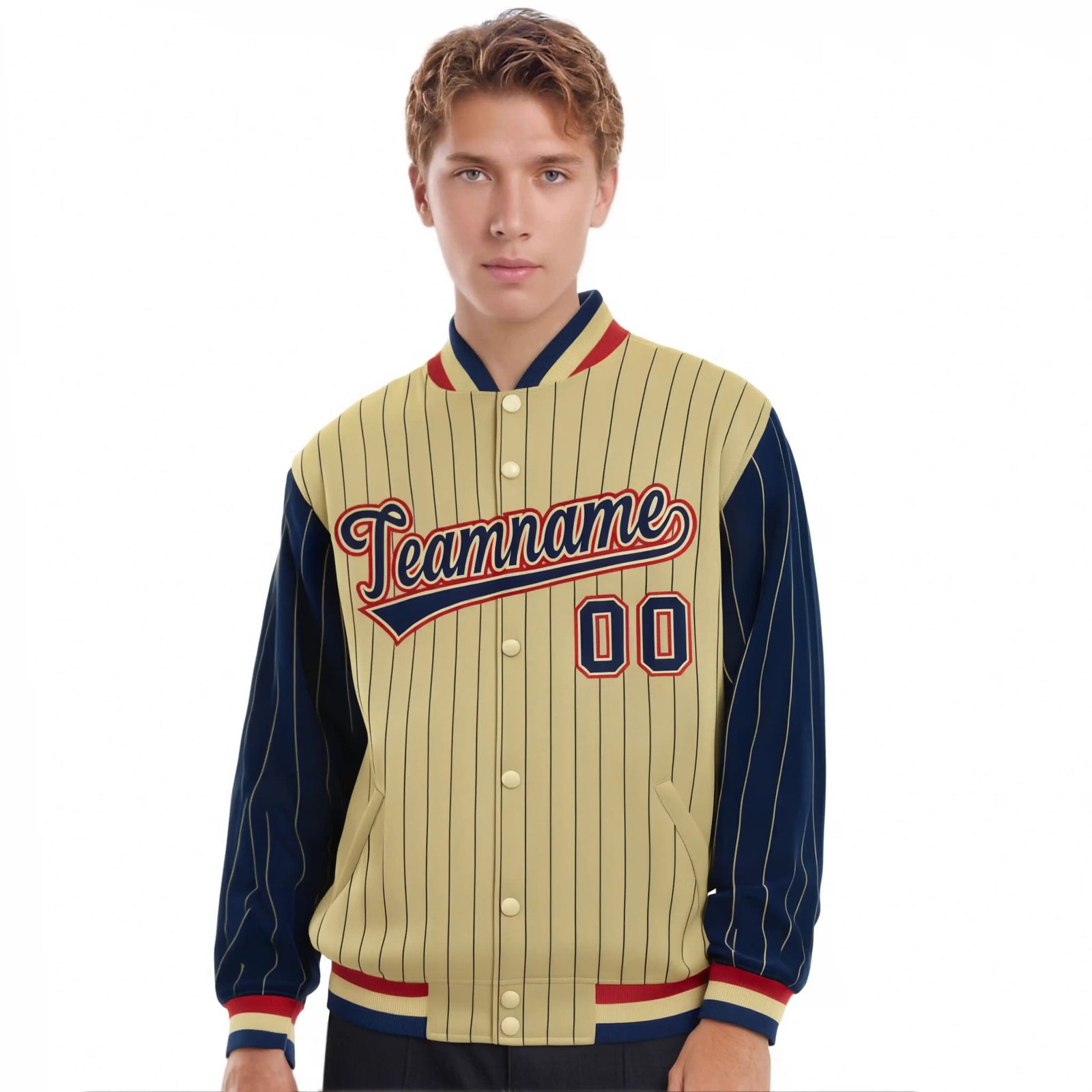 Custom Old Gold Navy Pinstripe Red-Navy Bomber Full-Snap Varsity Letterman Jacket