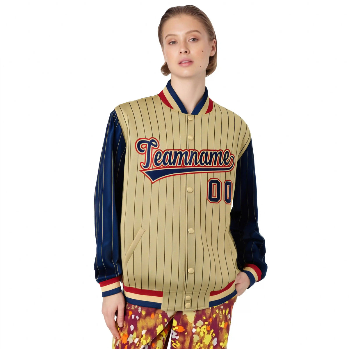 Custom Old Gold Navy Pinstripe Red-Navy Bomber Full-Snap Varsity Letterman Jacket