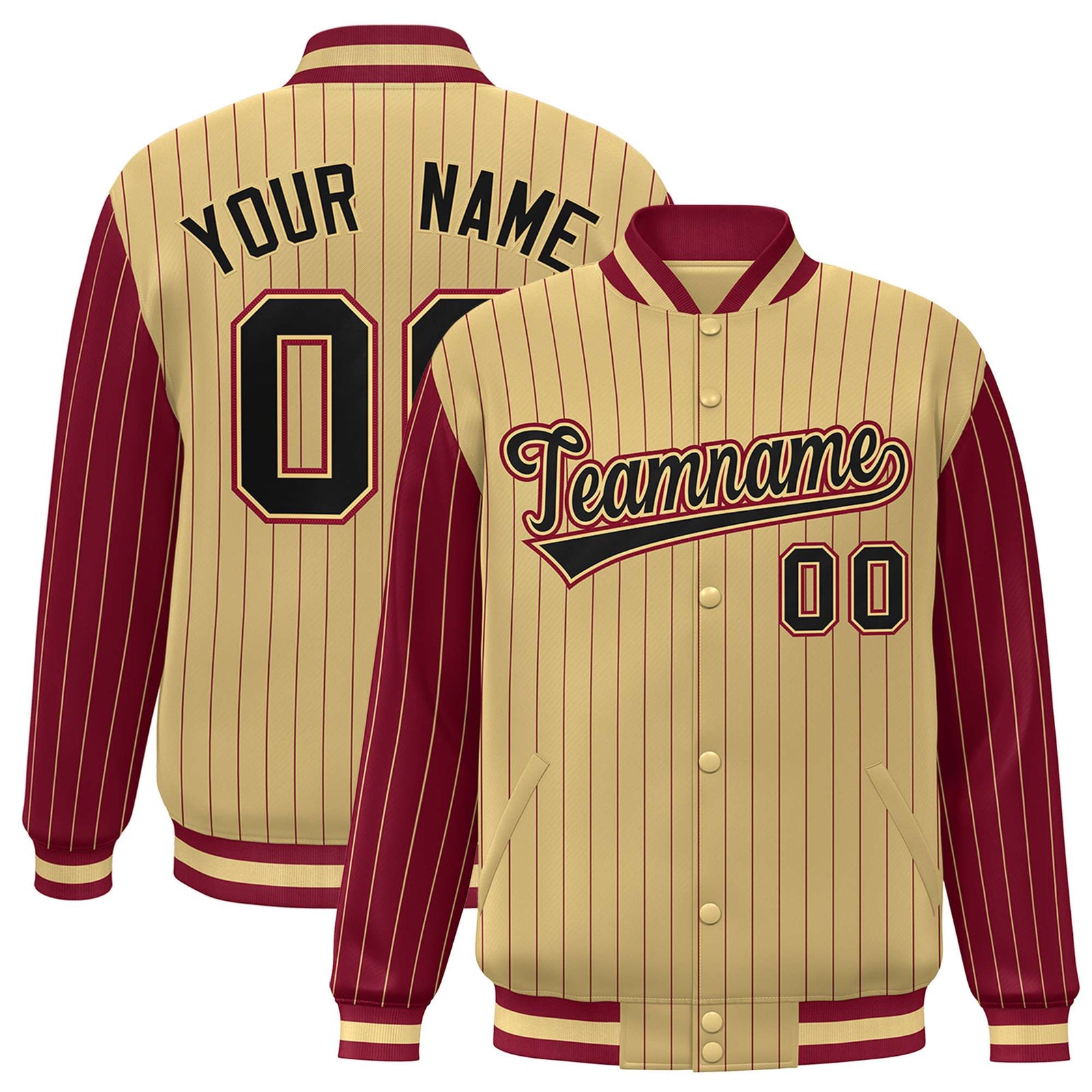 Custom Old Gold Crimson Pinstripe Crimson-Black Bomber Full-Snap Varsity Letterman Jacket