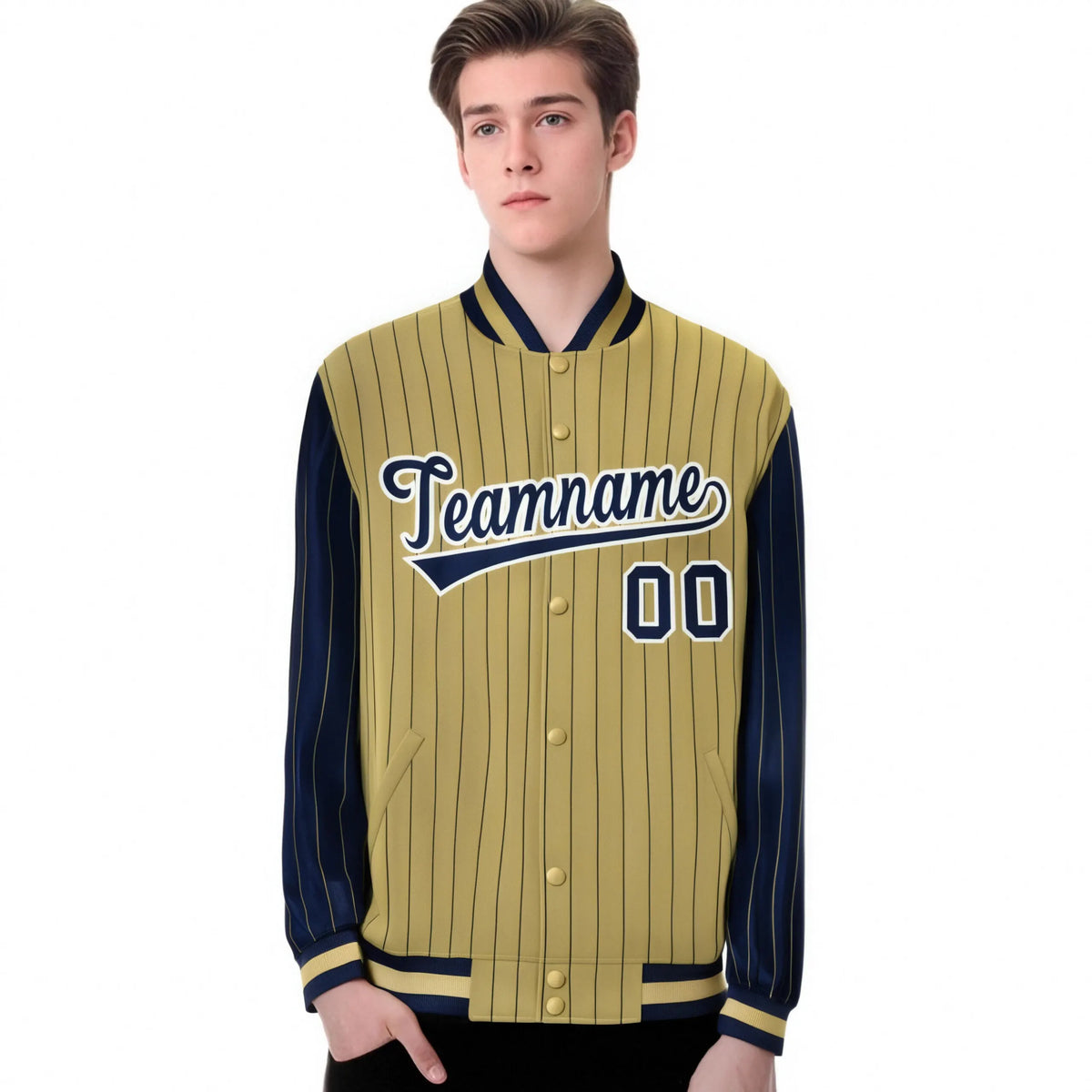 Custom Old Gold Navy Pinstripe White-Navy Bomber Full-Snap Varsity Letterman Jacket