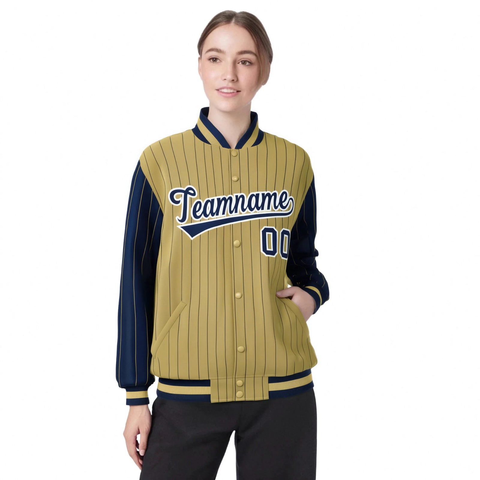 Custom Old Gold Navy Pinstripe White-Navy Bomber Full-Snap Varsity Letterman Jacket