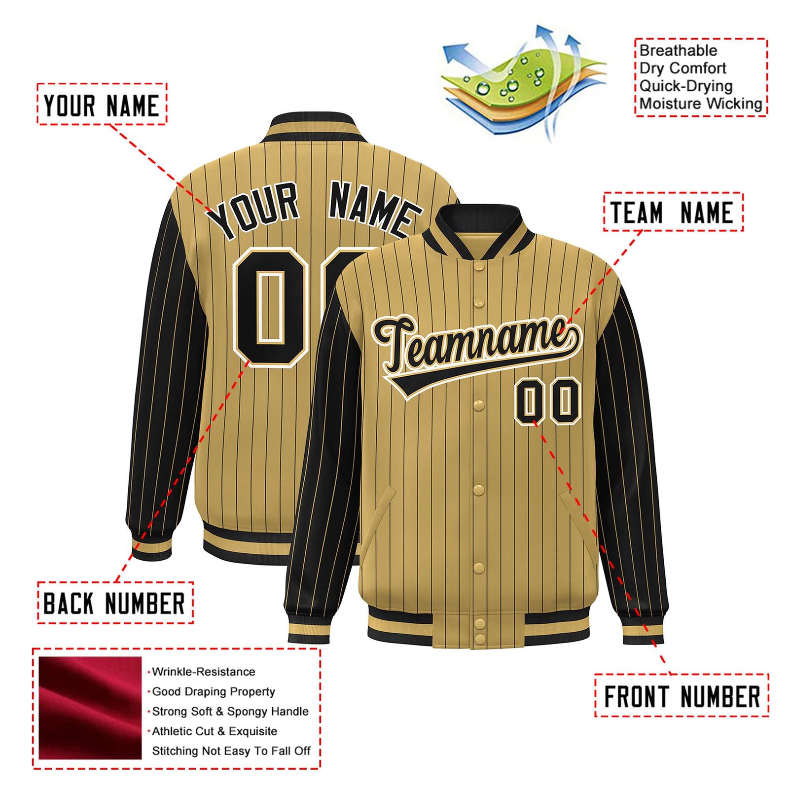 Custom Old Gold Black Pinstripe White-Black Bomber Full-Snap Varsity Letterman Jacket