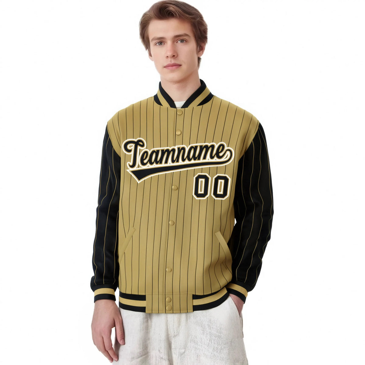 Custom Old Gold Black Pinstripe White-Black Bomber Full-Snap Varsity Letterman Jacket