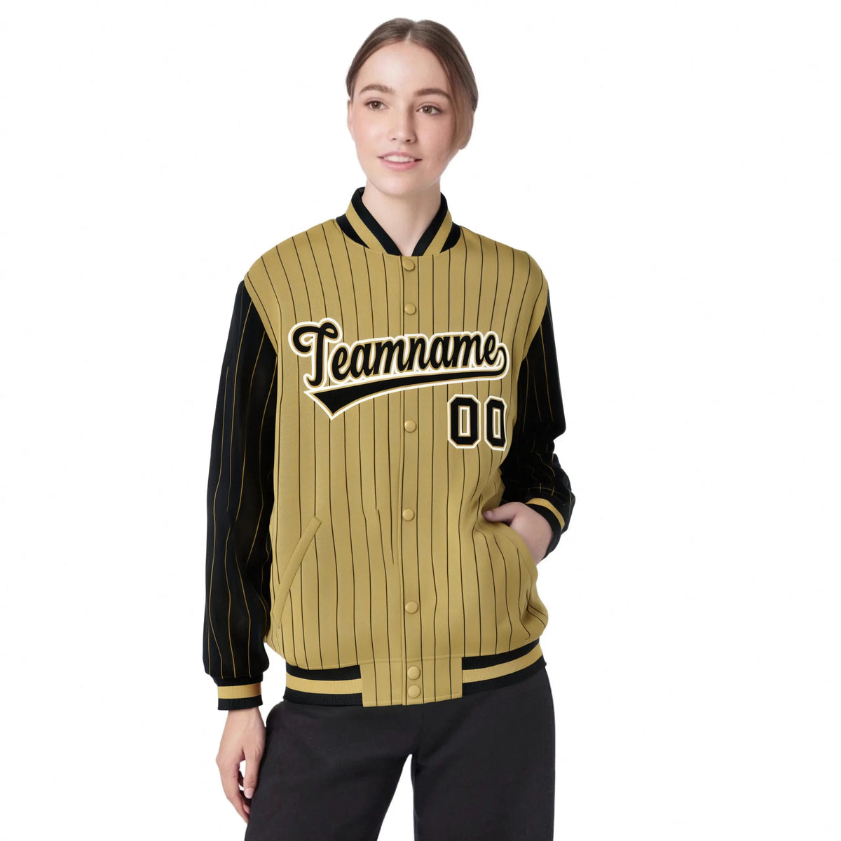Custom Old Gold Black Pinstripe White-Black Bomber Full-Snap Varsity Letterman Jacket