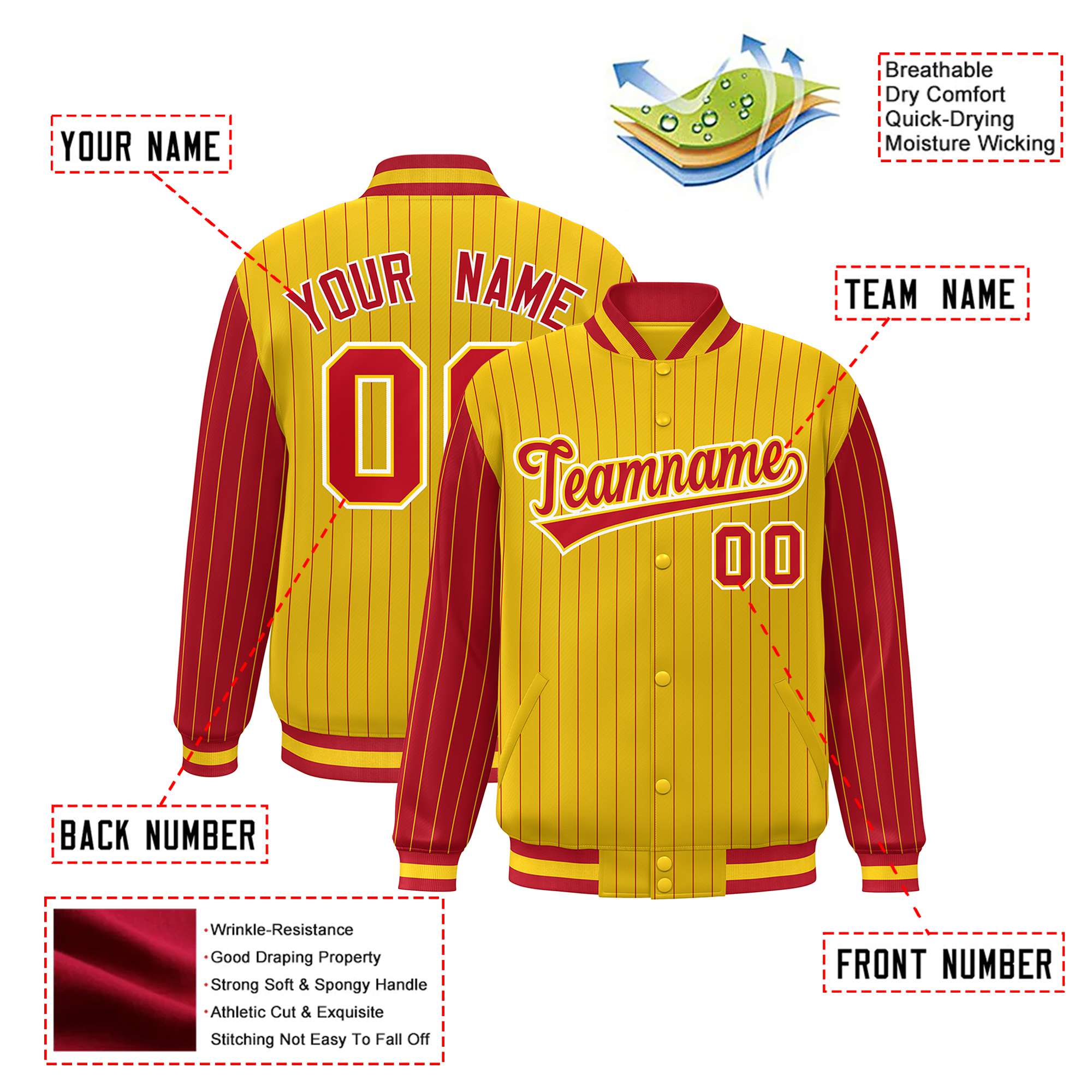 Custom Gold Red Pinstripe White-Red Bomber Full-Snap Varsity Letterman Jacket