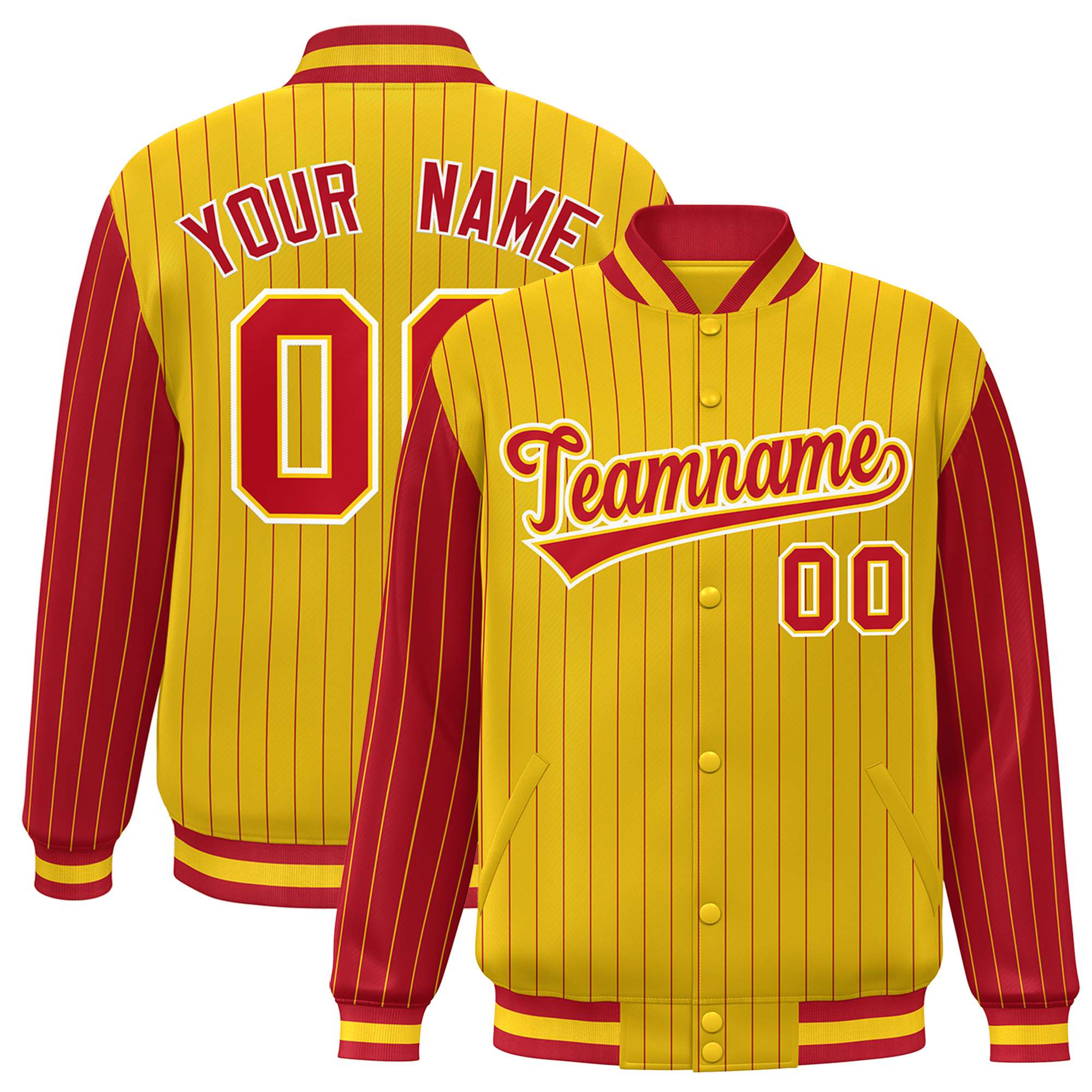 Custom Gold Red Pinstripe White-Red Bomber Full-Snap Varsity Letterman Jacket