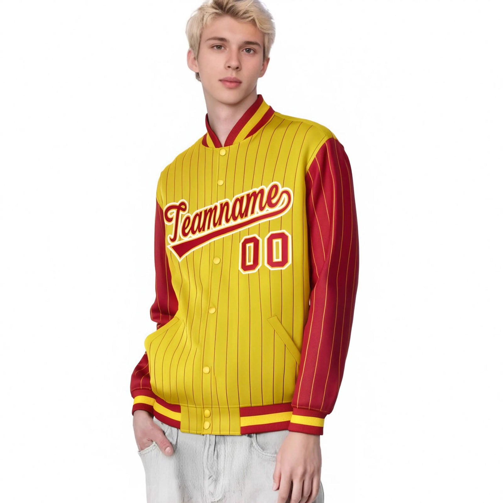 Custom Gold Red Pinstripe White-Red Bomber Full-Snap Varsity Letterman Jacket