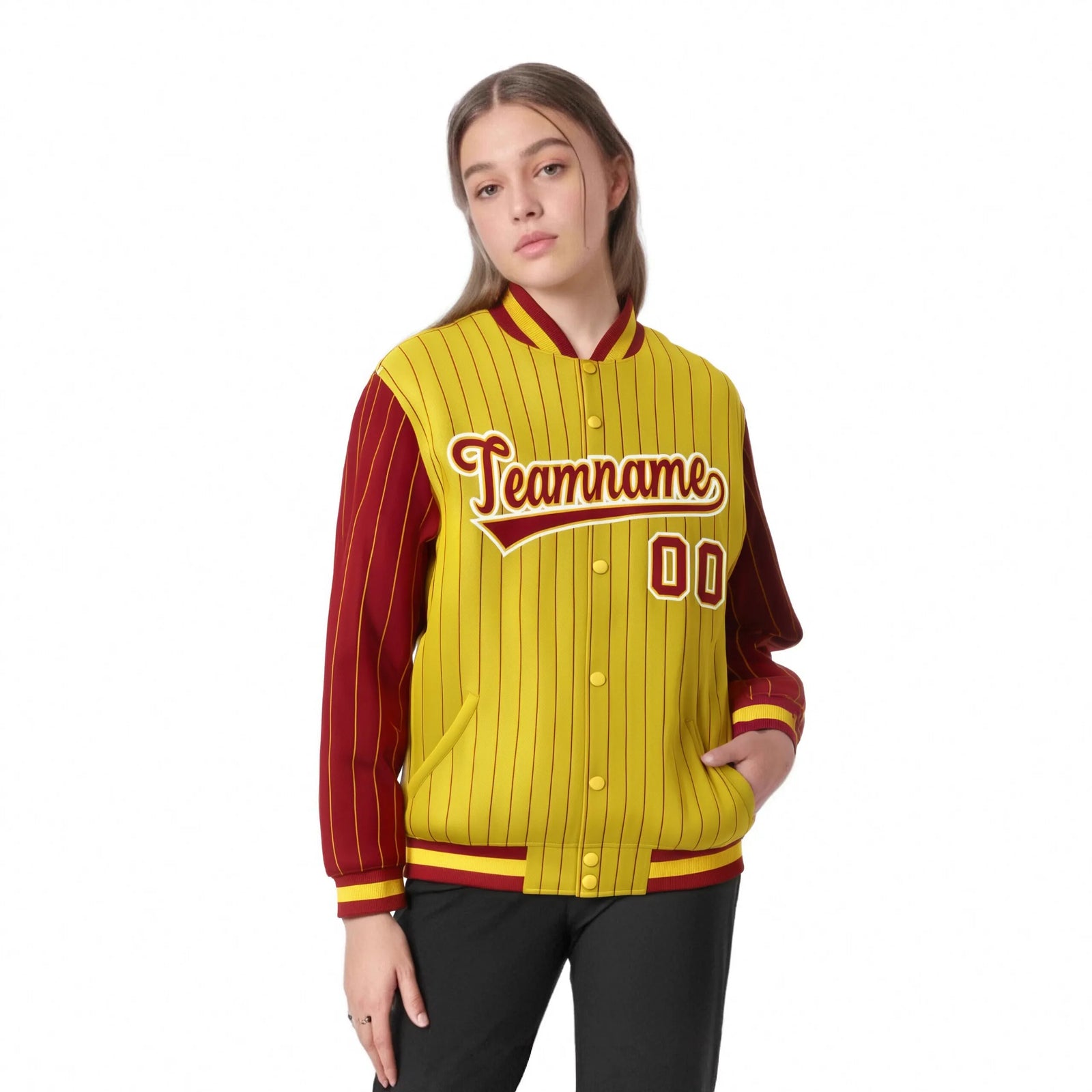 Custom Gold Red Pinstripe White-Red Bomber Full-Snap Varsity Letterman Jacket