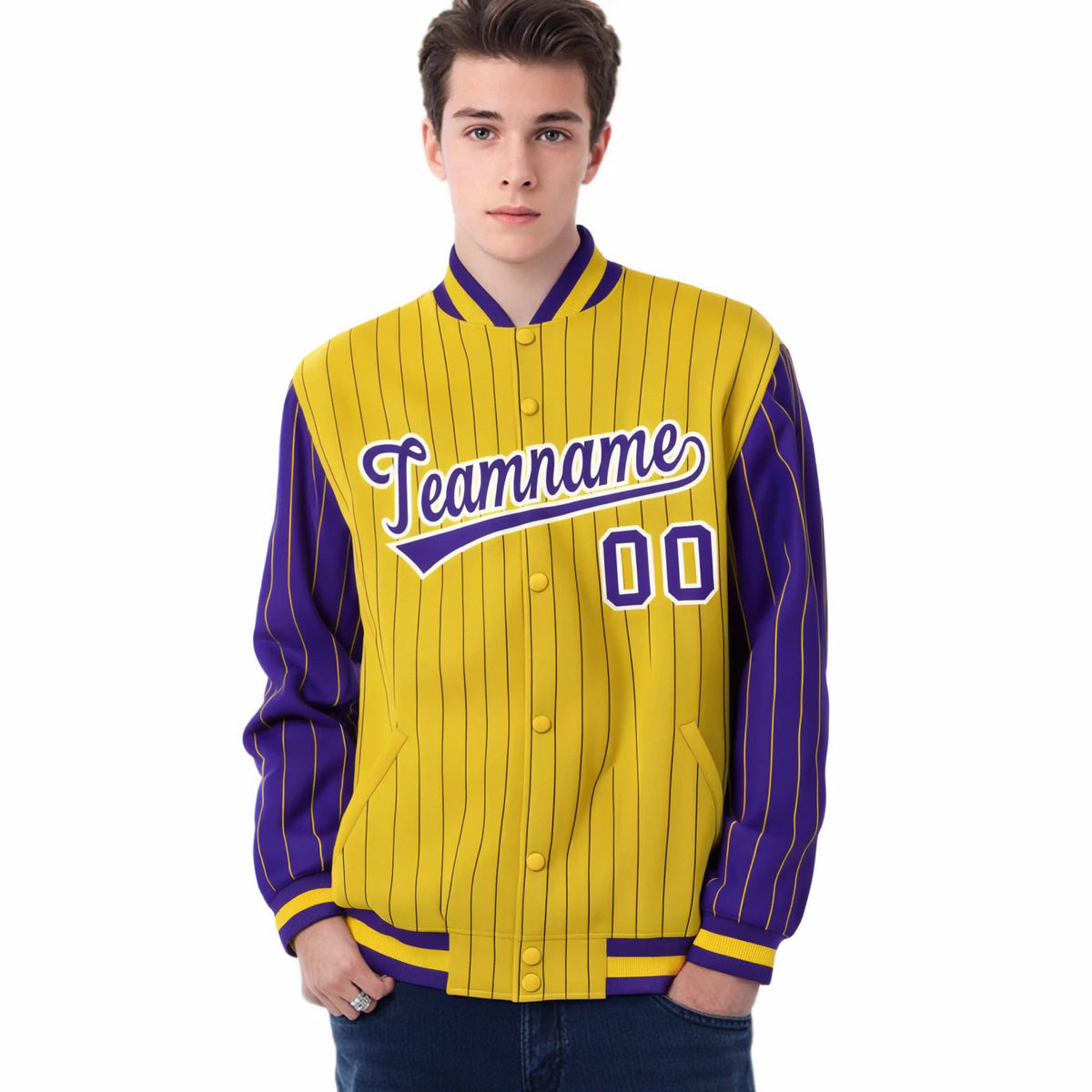 Custom Gold Purple Pinstripe White-Purple Bomber Full-Snap Varsity Letterman Jacket