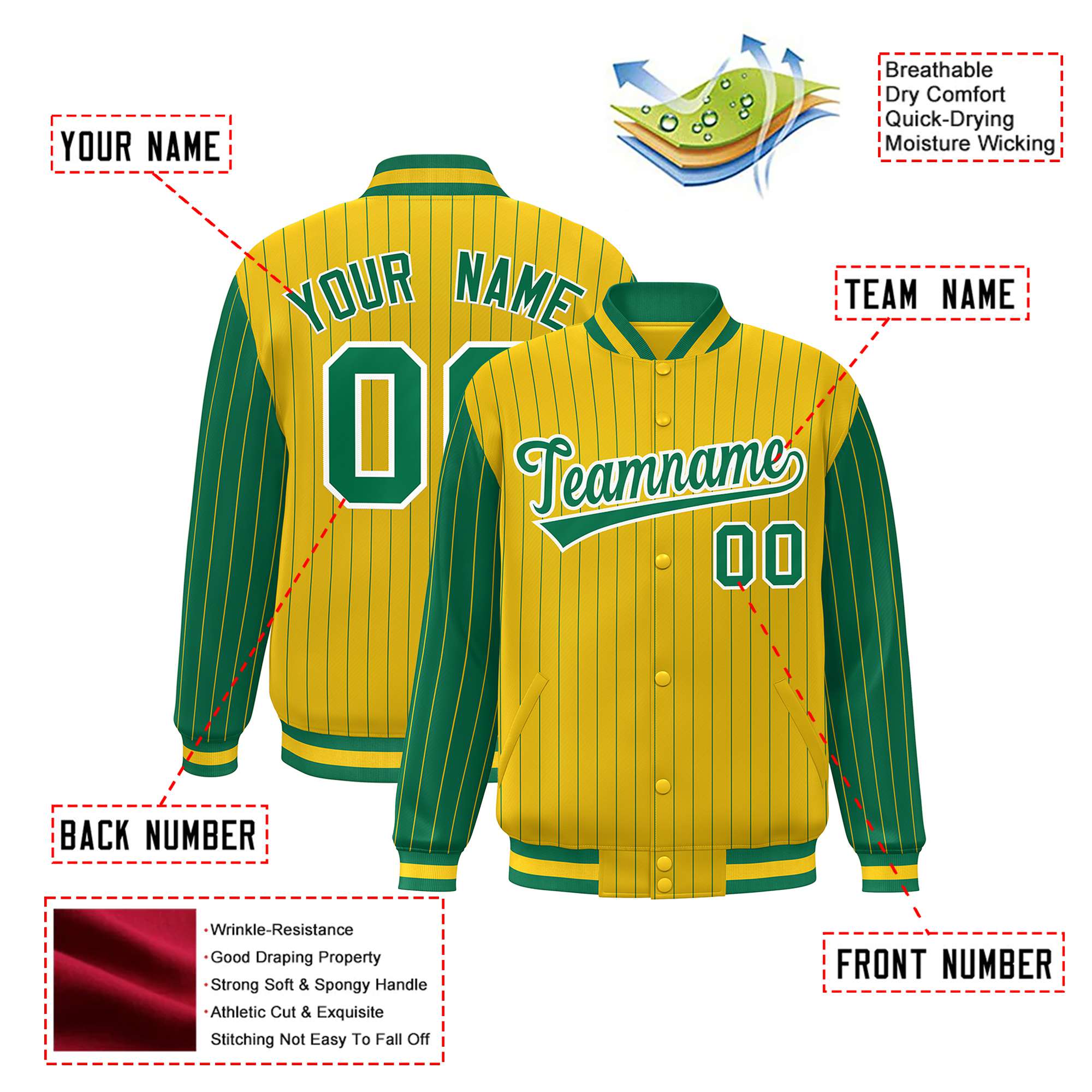 Custom Gold Neon-Green Pinstripe White Neon-Green Bomber Full-Snap Varsity Letterman Jacket