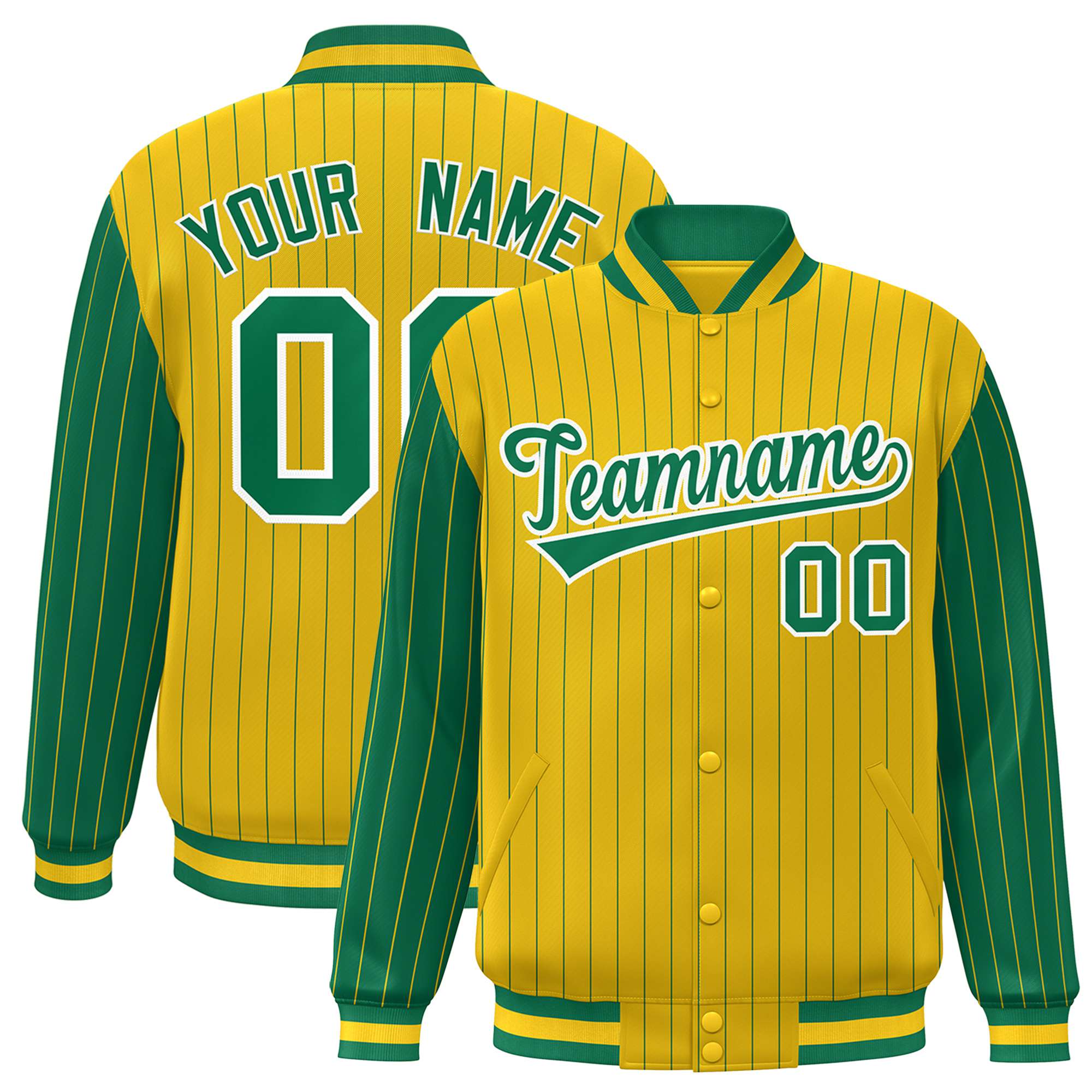 Custom Gold Neon-Green Pinstripe White Neon-Green Bomber Full-Snap Varsity Letterman Jacket