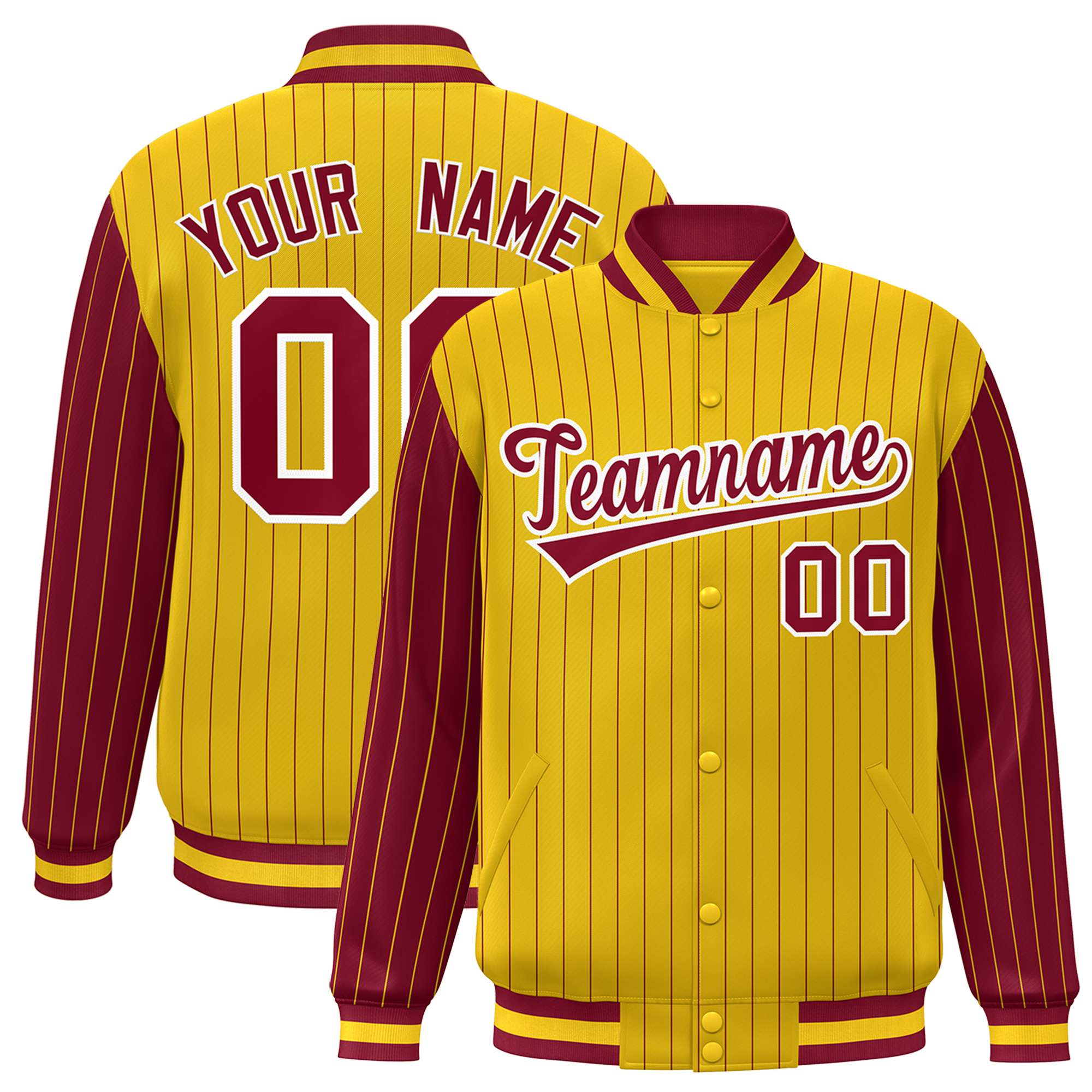 Custom Gold Crimson Pinstripe White-Crimson Bomber Full-Snap Varsity Letterman Jacket