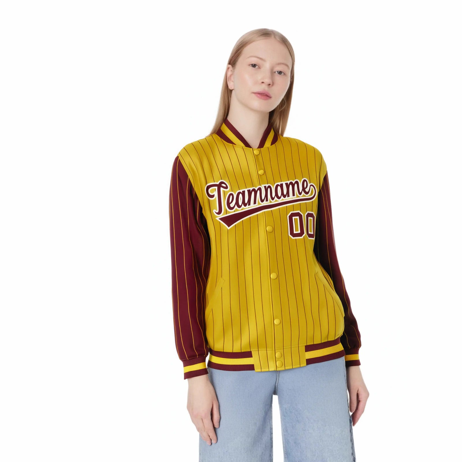 Custom Gold Crimson Pinstripe White-Crimson Bomber Full-Snap Varsity Letterman Jacket