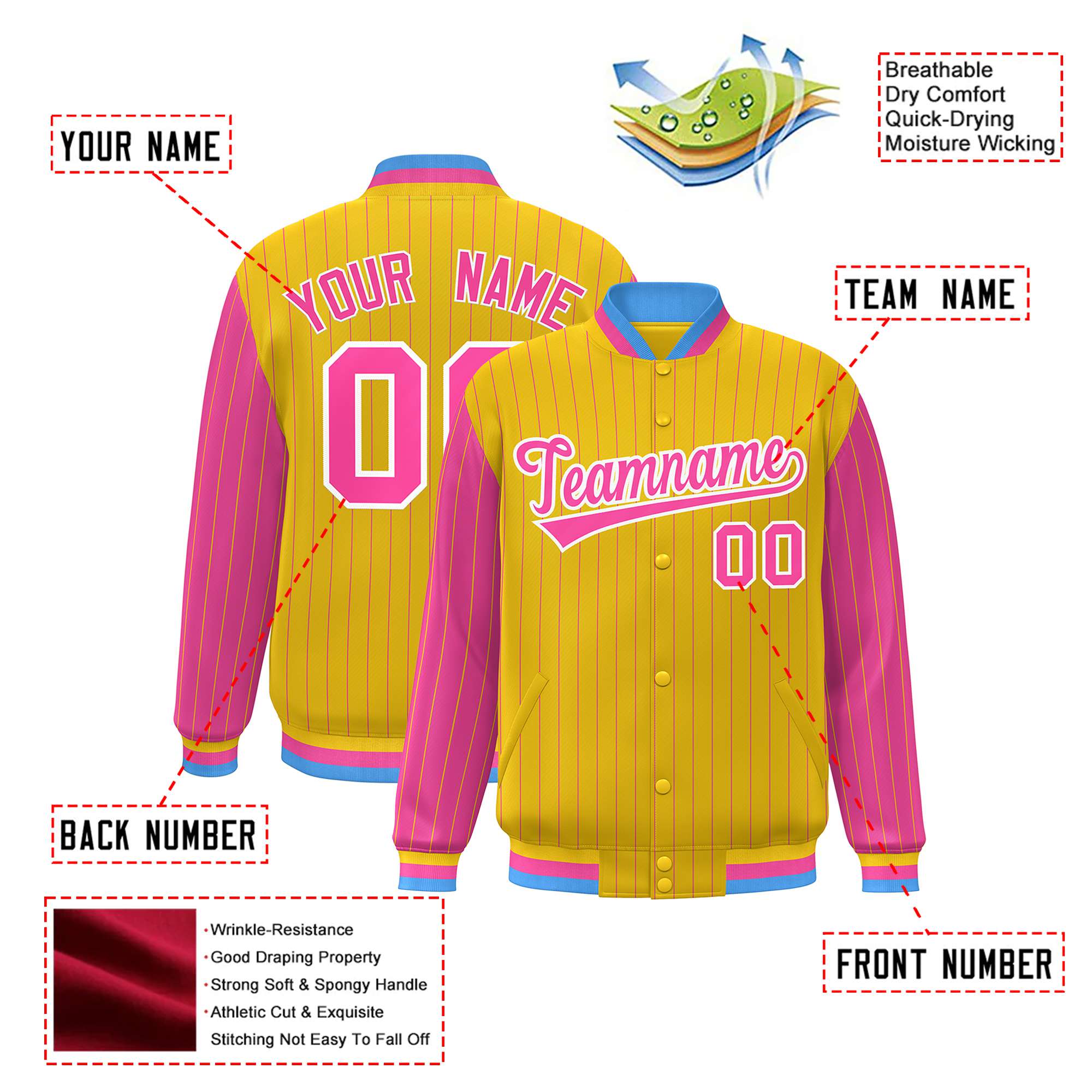 Custom Gold Pink Pinstripe White-Pink Bomber Full-Snap Varsity Letterman Jacket