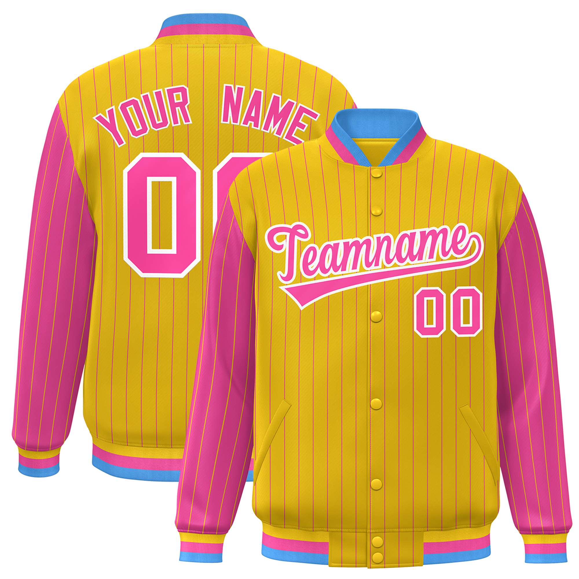 Custom Gold Pink Pinstripe White-Pink Bomber Full-Snap Varsity Letterman Jacket